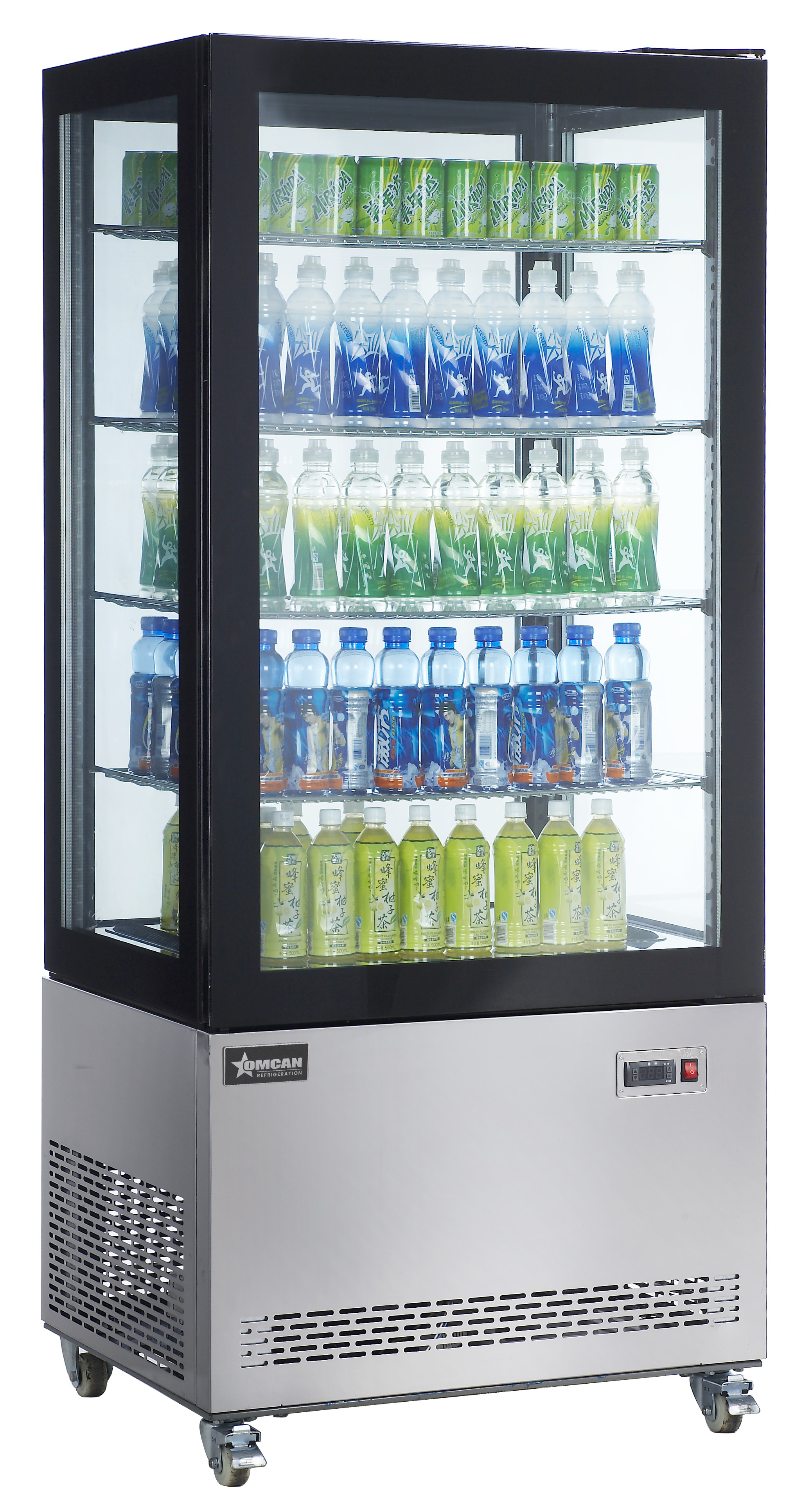 33″ Three (3) Shelf Refrigerated Display Case with Four-Sided Glass 75″ Tall, 19.42 cu.ft. (550 L), Stainless Steel