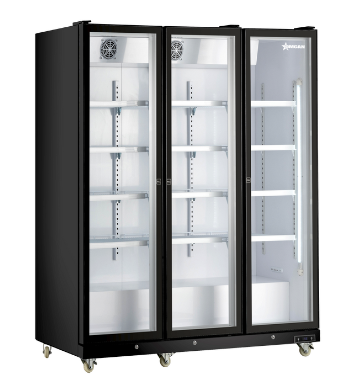 72” Three (3) Glass Door Display Refrigerator with LED Light, 53 cu.ft. (1500 L), Black