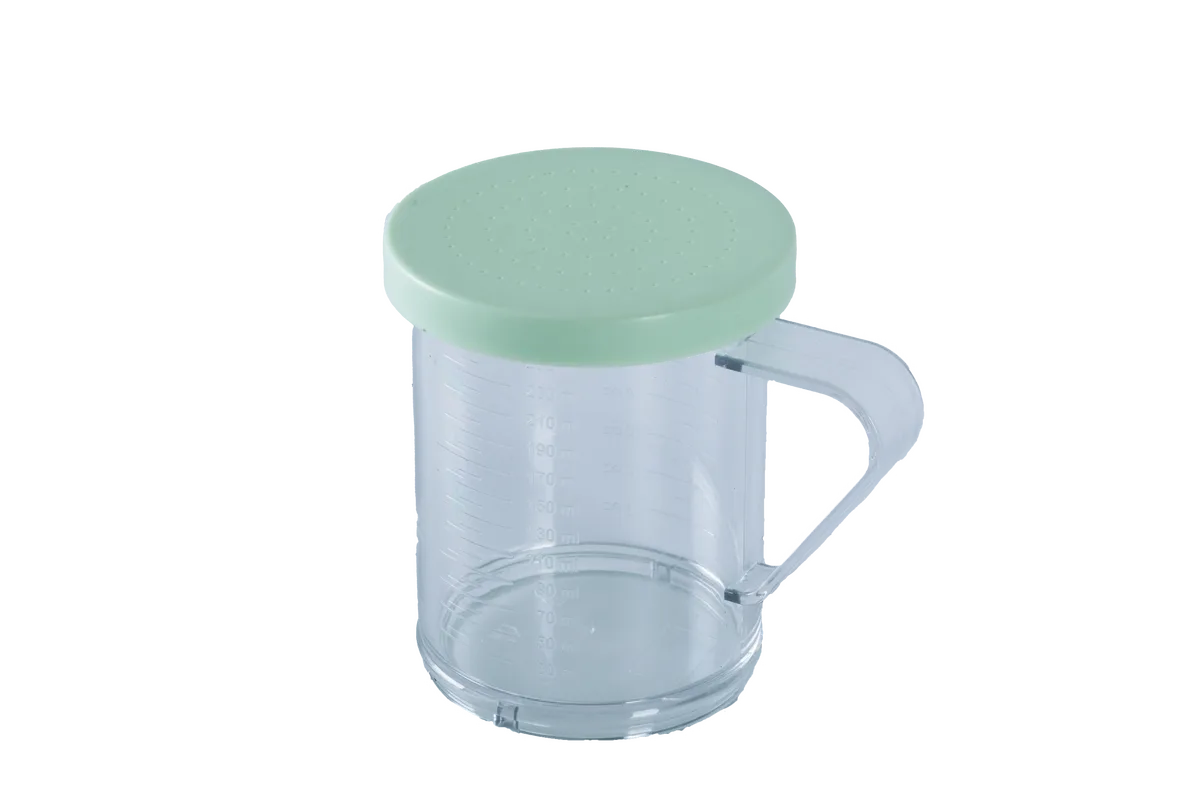 10 oz Polycarbonate Dredge with Green Lid & 0.6 mm Hole for Finely Ground Products NSF