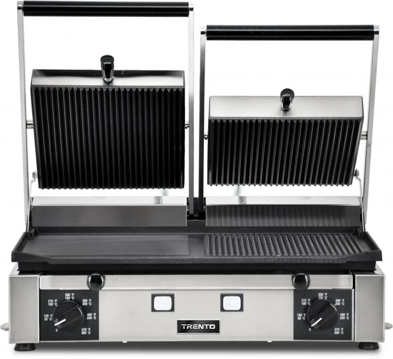 Trento 10″ x 19″ Double Panini Grill with Ribbed Top and 1/2 Grooved and Smooth Bottom Grill Surface