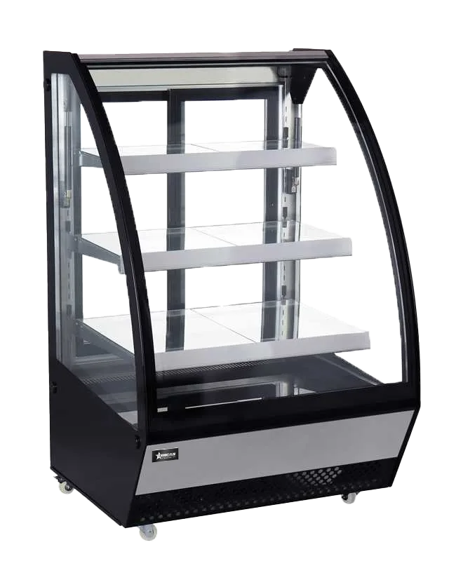 36″ Three (3) Shelf Refrigerated Floor Showcase with Curved Glass, 16 cu.ft. (467 L), Black