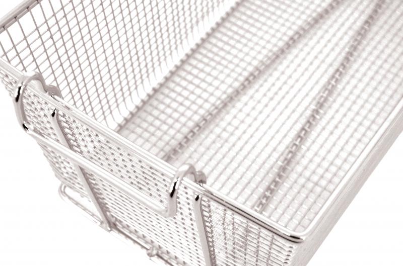 13 1/2″ x 5 1/2″ x 5 1/2″ Nickel-Plated Iron Fryer Basket with Blue Handle