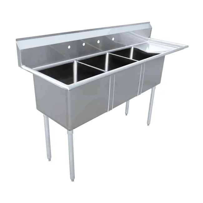 24″ x 24″ x 14″ Stainless Steel Three Tub Sink with 3.5″ Center Drain and Right Drainboard