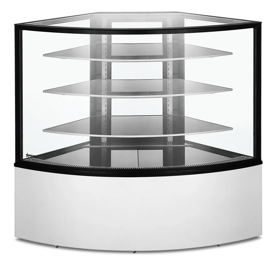 59″ Three (3) Shelf Refrigerated Corner Floor Glass Display Case, 16.8 cu.ft (475 L), Stainless steel
