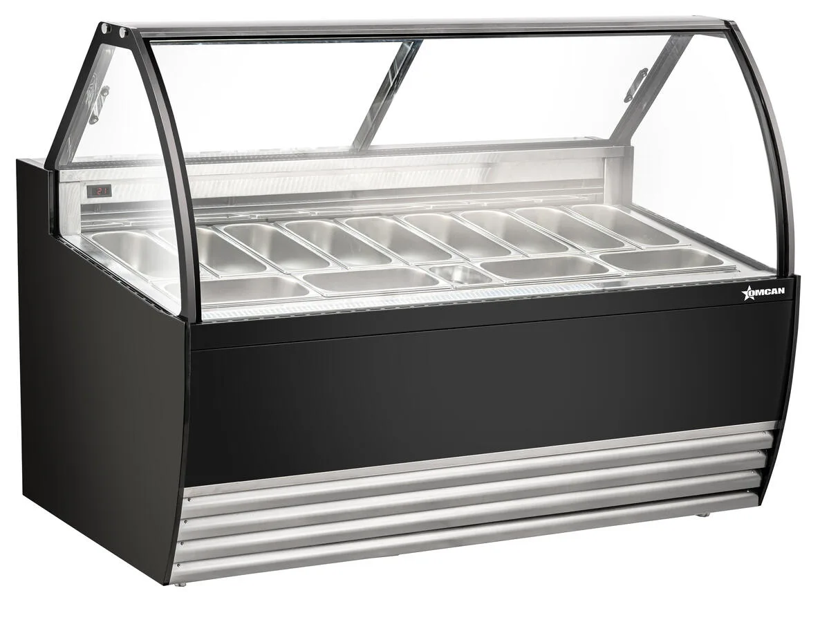 69.5″ Thirteen (13) Pan Gelato Display Showcase with Flat Sneeze Guard (Black Exterior)