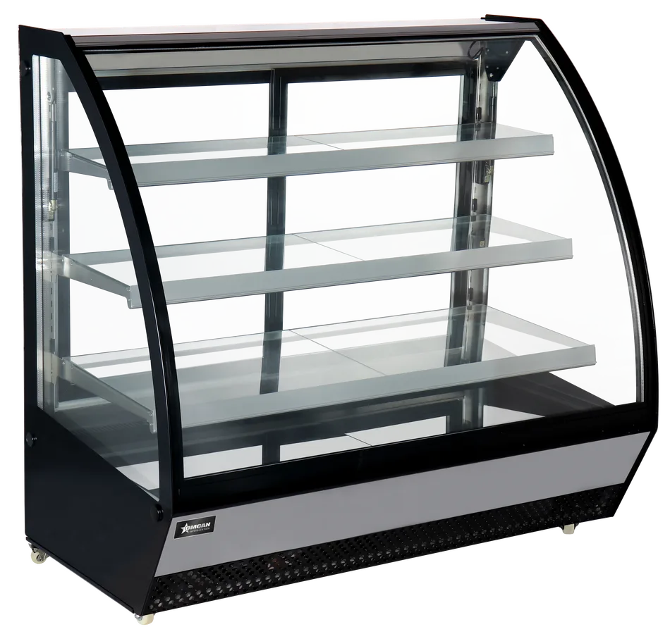 48″ Three (3) Shelf Refrigerated Floor Showcase with Curved Glass, 22 cu.ft. (633L), Black