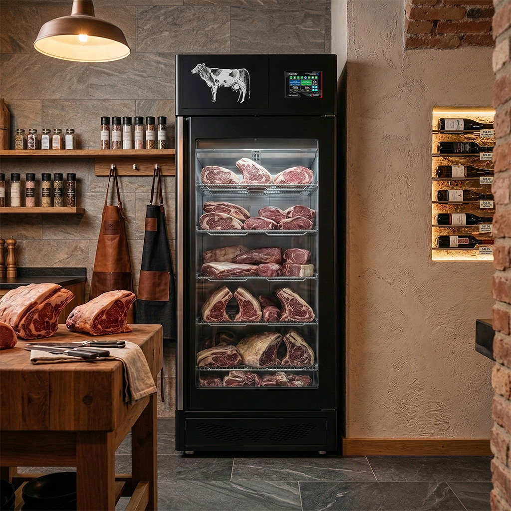 Stagionello® Maturmeat® 150kg Meat Curing Cabinet with ClimaTouch® and Fumotic®, Front and Back View - Black