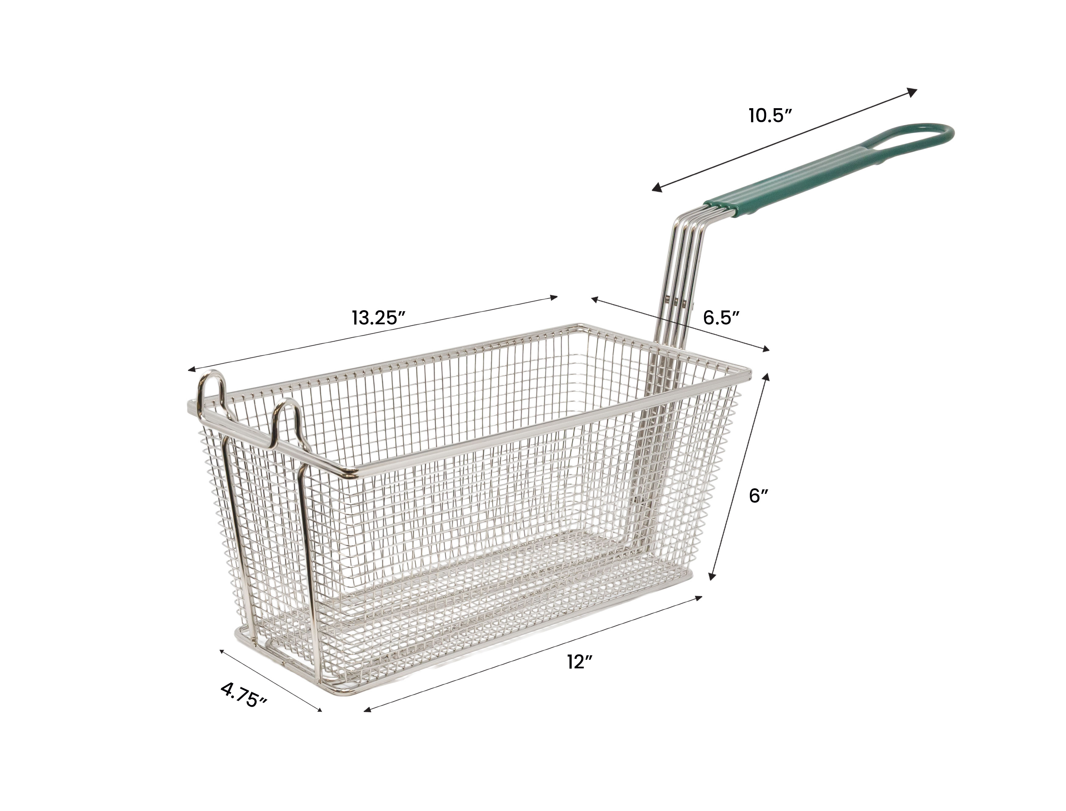 13 1/4" x 6 1/2" x 6" Nickel-Plated Iron Fryer Basket with Green Handle