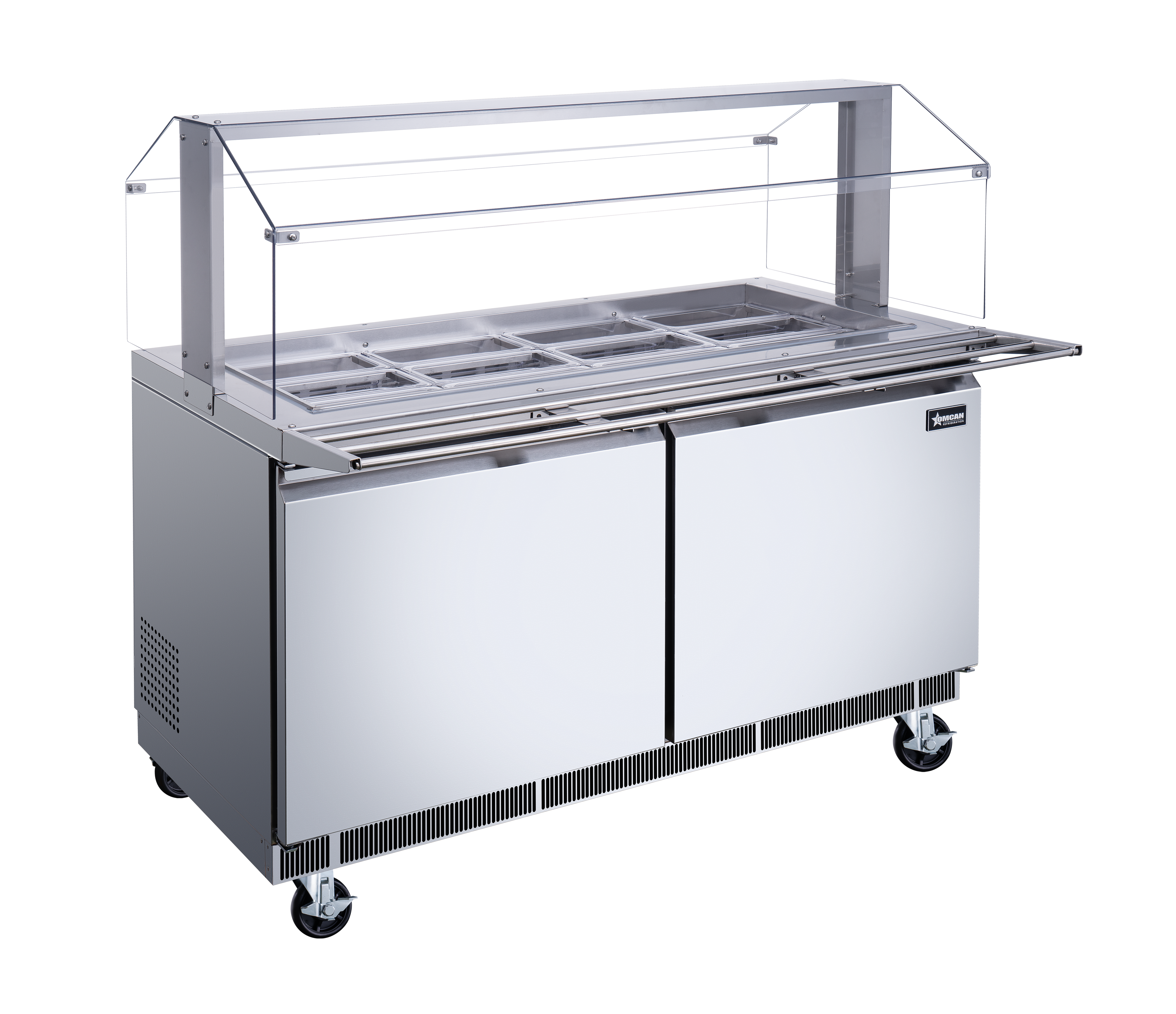 60″ Stainless Steel Refrigerated Salad Bar / Cold Food Table with Sneeze Guard, Tray Slide and Pan Covers