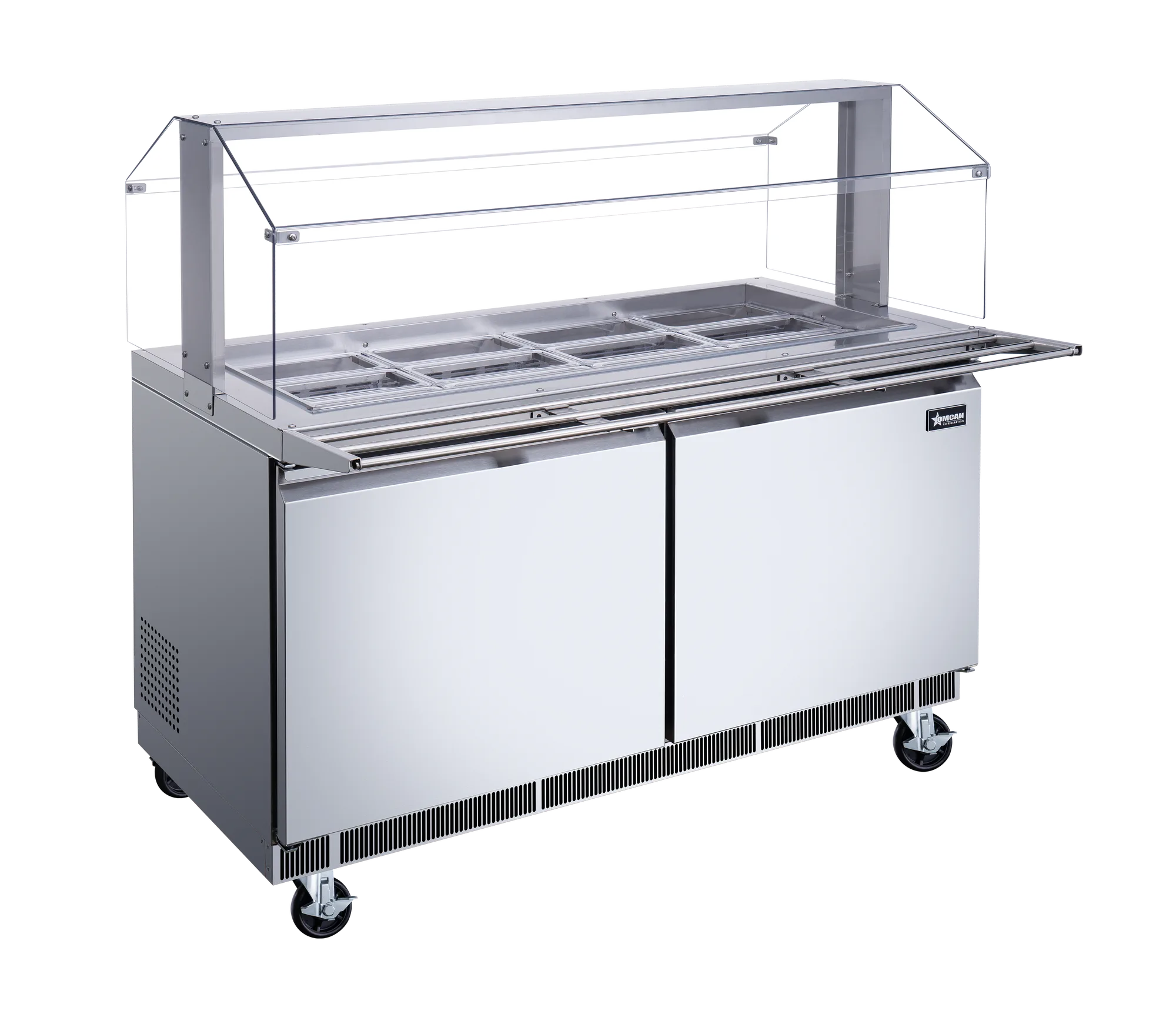 60″ Stainless Steel Refrigerated Salad Bar / Cold Food Table with Sneeze Guard, Tray Slide and Pan Covers
