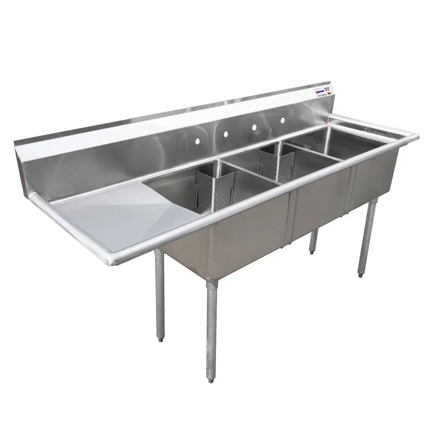24″ x 24″ x 14″ 18-gauge stainless steel Three Tub Sink with 1.8″ Corner Drain and Left Drainboard