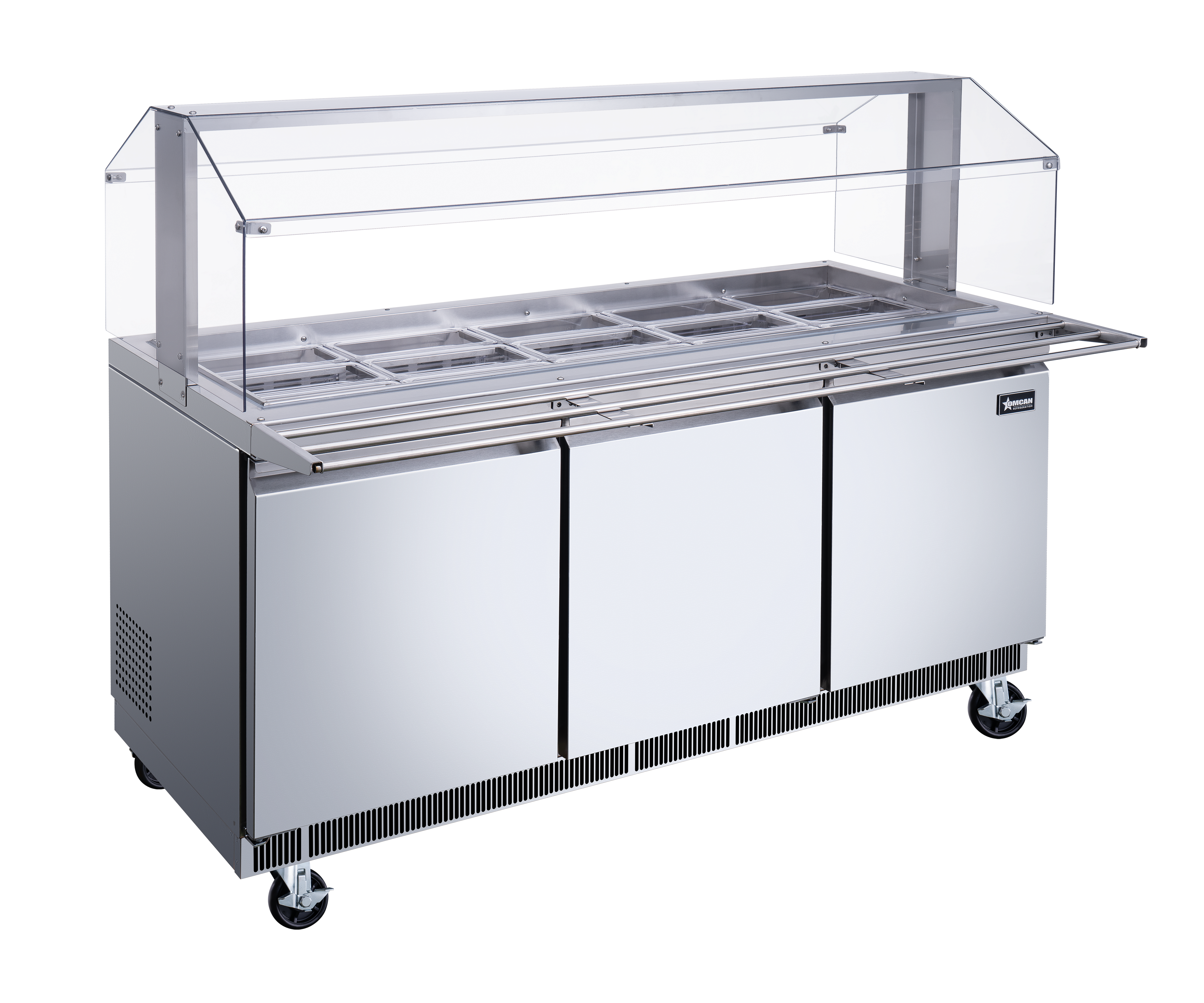 72″ Stainless Steel Refrigerated Salad Bar / Cold Food Table with Sneeze Guard, Tray Slide and Pan Covers