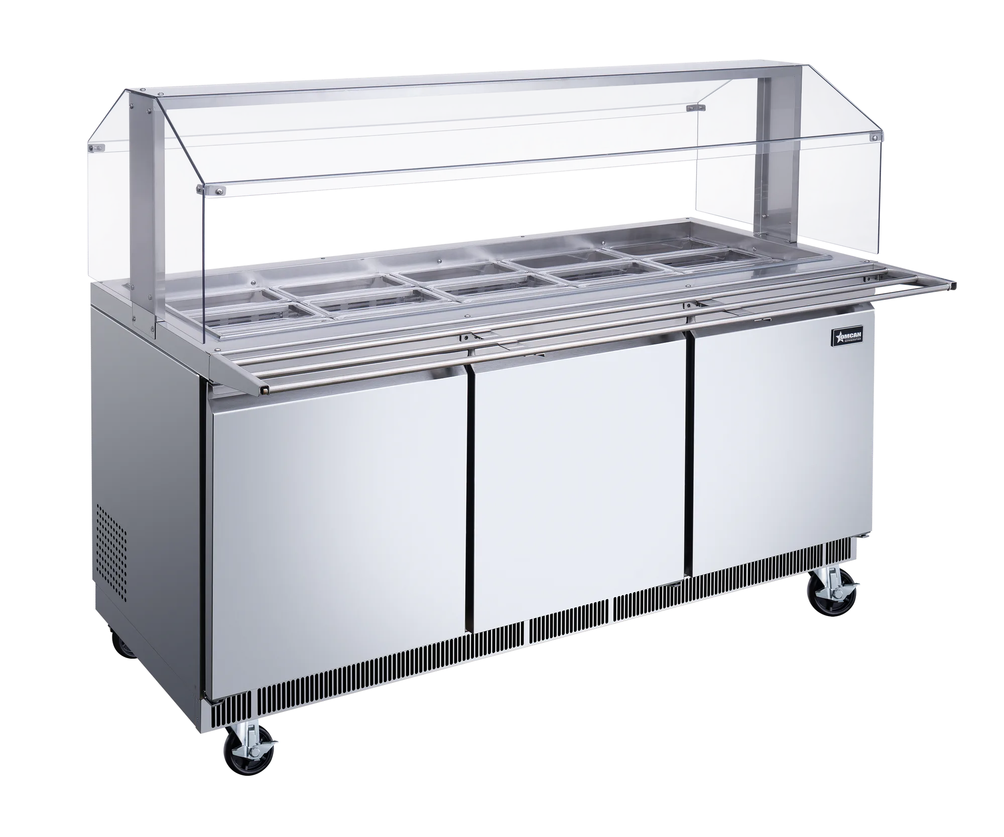 72″ Stainless Steel Refrigerated Salad Bar / Cold Food Table with Sneeze Guard, Tray Slide and Pan Covers