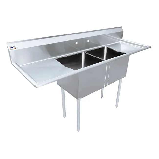 18″ x 18″ x 11″ 18-gauge stainless steel Two Tub Sink with 3.5″ Center Drain and Two Drainboards