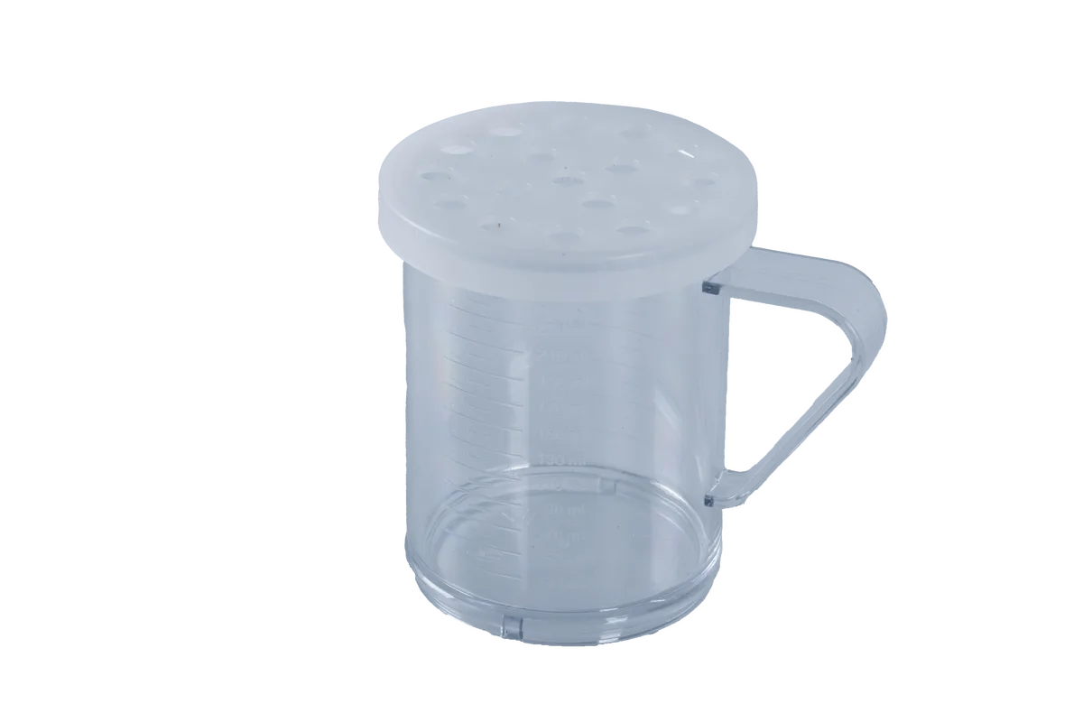 10 oz Polycarbonate Dredge with Clear Lid & 8 mm Hole for Coarsely Ground Products NSF