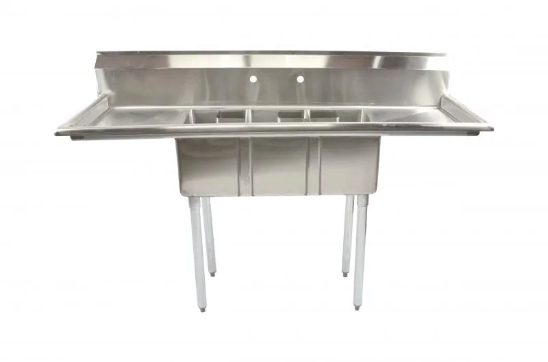 10″ x 14″ x 10″ Stainless Steel Three Tub Space Saver Sink with 16″ Left/Right Drainboards with Corner Drain