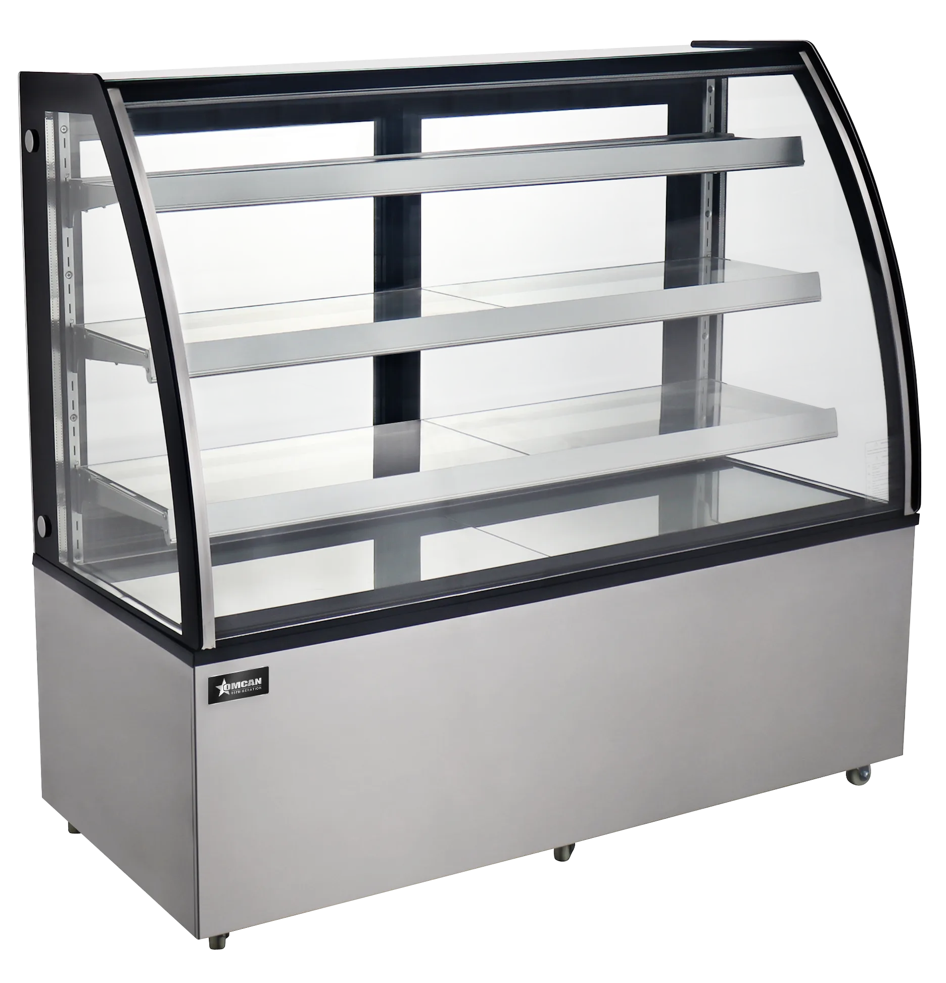 72″ Three (3) Shelf Curved Glass Floor Refrigerated Showcase, 22.95 cu.ft (650 Liter), Stainless steel