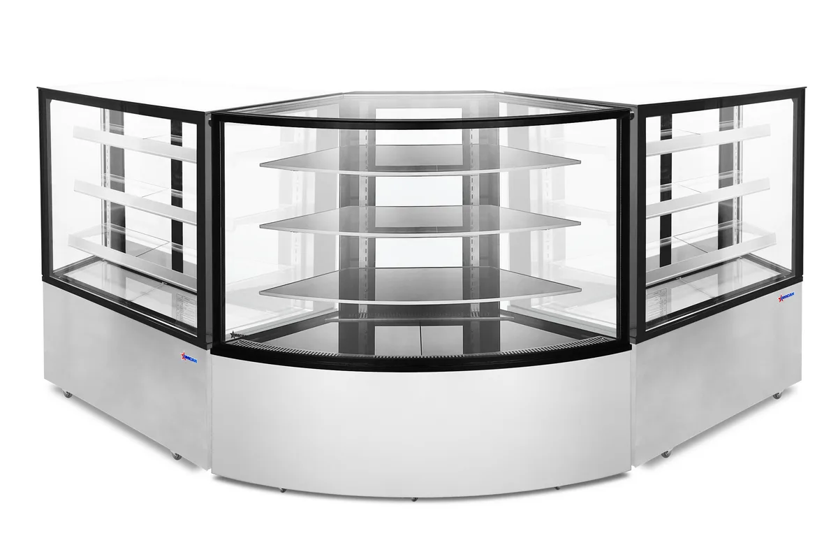 59″ Three (3) Shelf Refrigerated Corner Floor Glass Display Case, 16.8 cu.ft (475 L), Stainless steel