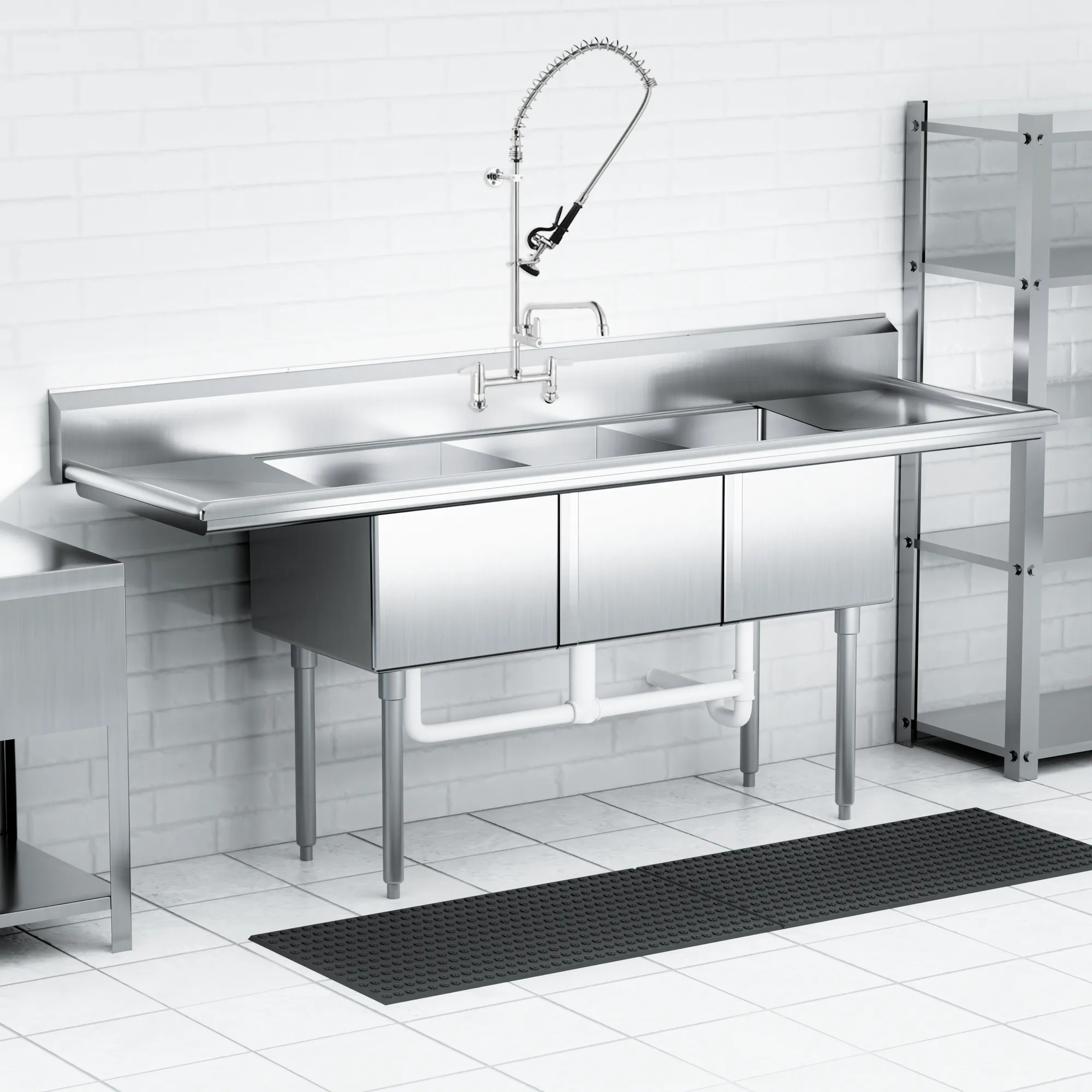 18″ x 21″ x 14″ 18-gauge stainless steel Three Tub Sink with 1.8″ Corner Drain and Two Drainboards