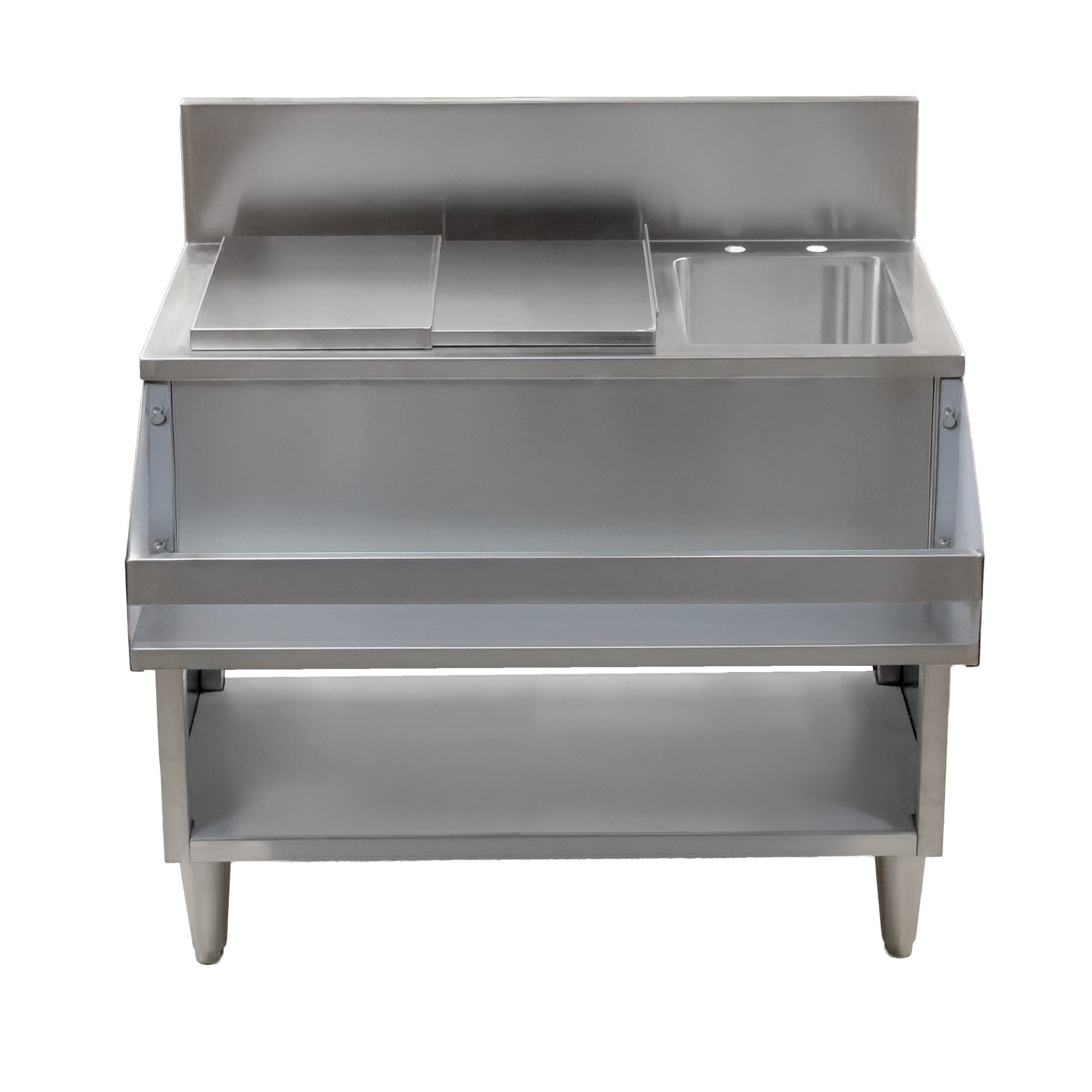 36″ Cocktail Mix Unit with 7″ Back Splash, 20″ x 12″ x 10″ Ice Bin with Sliding Cover, and 10″ x 12″ x 10″ Sinks
