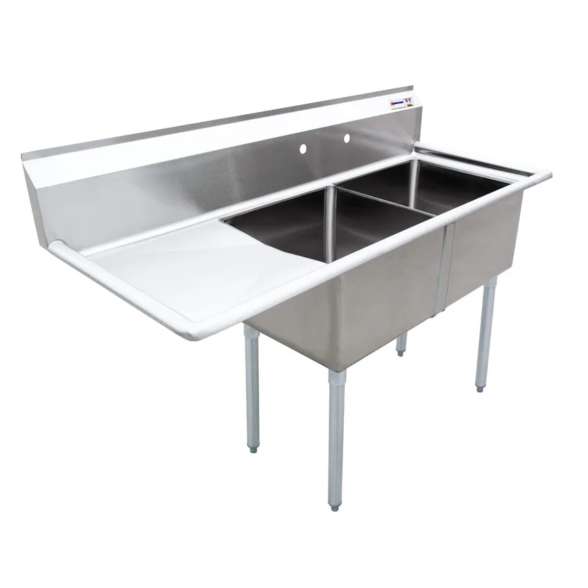 18″ x 21″ x 14″ 18-gauge stainless steel Two Tub Sink with 3.5″ Center Drain and Left Drainboard