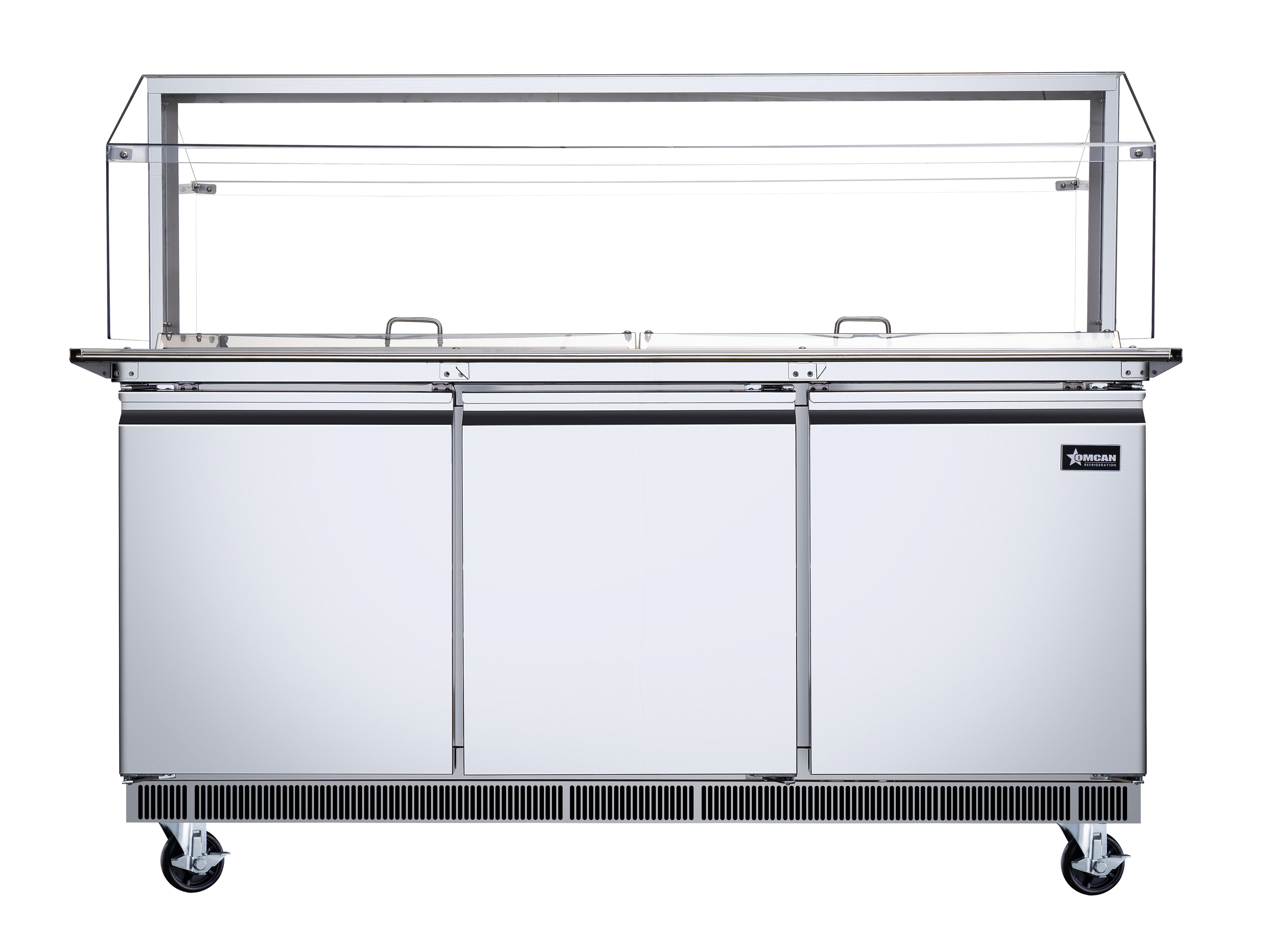 72″ Stainless Steel Refrigerated Salad Bar / Cold Food Table with Sneeze Guard, Tray Slide and Pan Covers