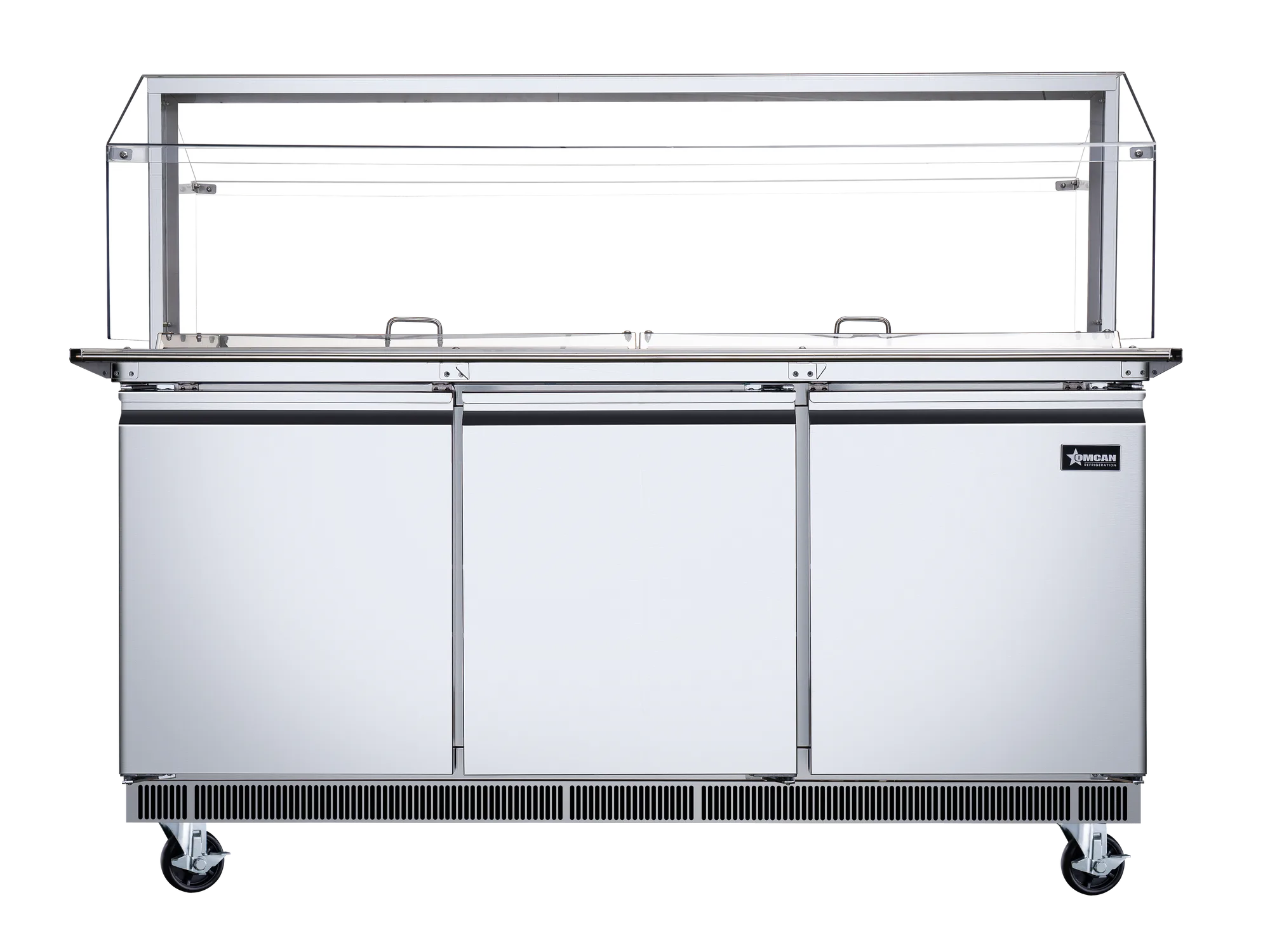 72″ Stainless Steel Refrigerated Salad Bar / Cold Food Table with Sneeze Guard, Tray Slide and Pan Covers