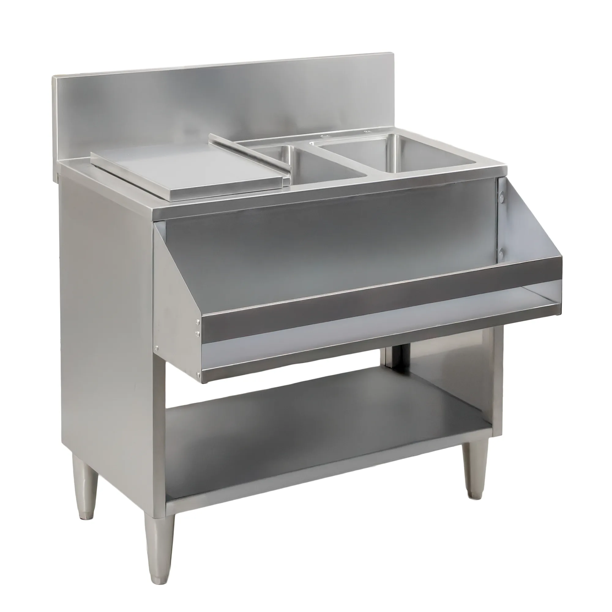 36″ Cocktail Mix Unit with 7″ Back Splash, 20″ x 12″ x 10″ Ice Bin with Sliding Cover, and 10″ x 12″ x 10″ Sinks