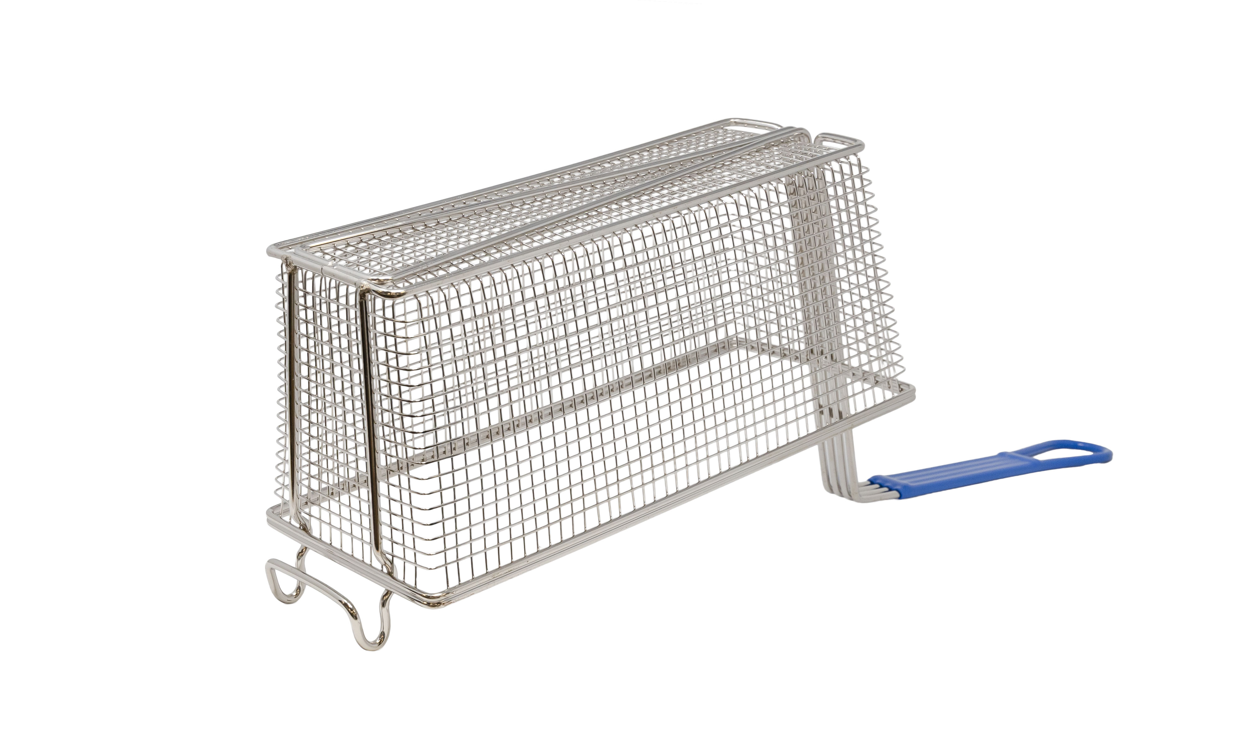 13 1/2″ x 5 1/2″ x 5 1/2″ Nickel-Plated Iron Fryer Basket with Blue Handle