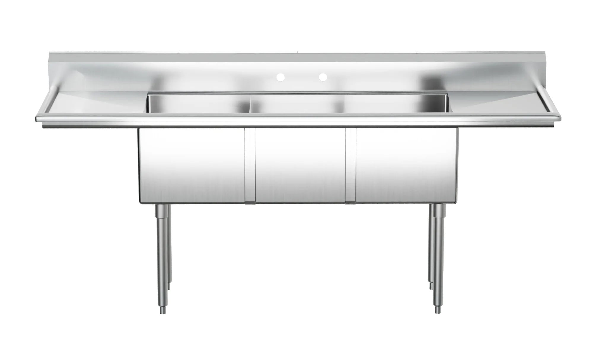 18″ x 21″ x 14″ 18-gauge stainless steel Three Tub Sink with 1.8″ Corner Drain and Two Drainboards
