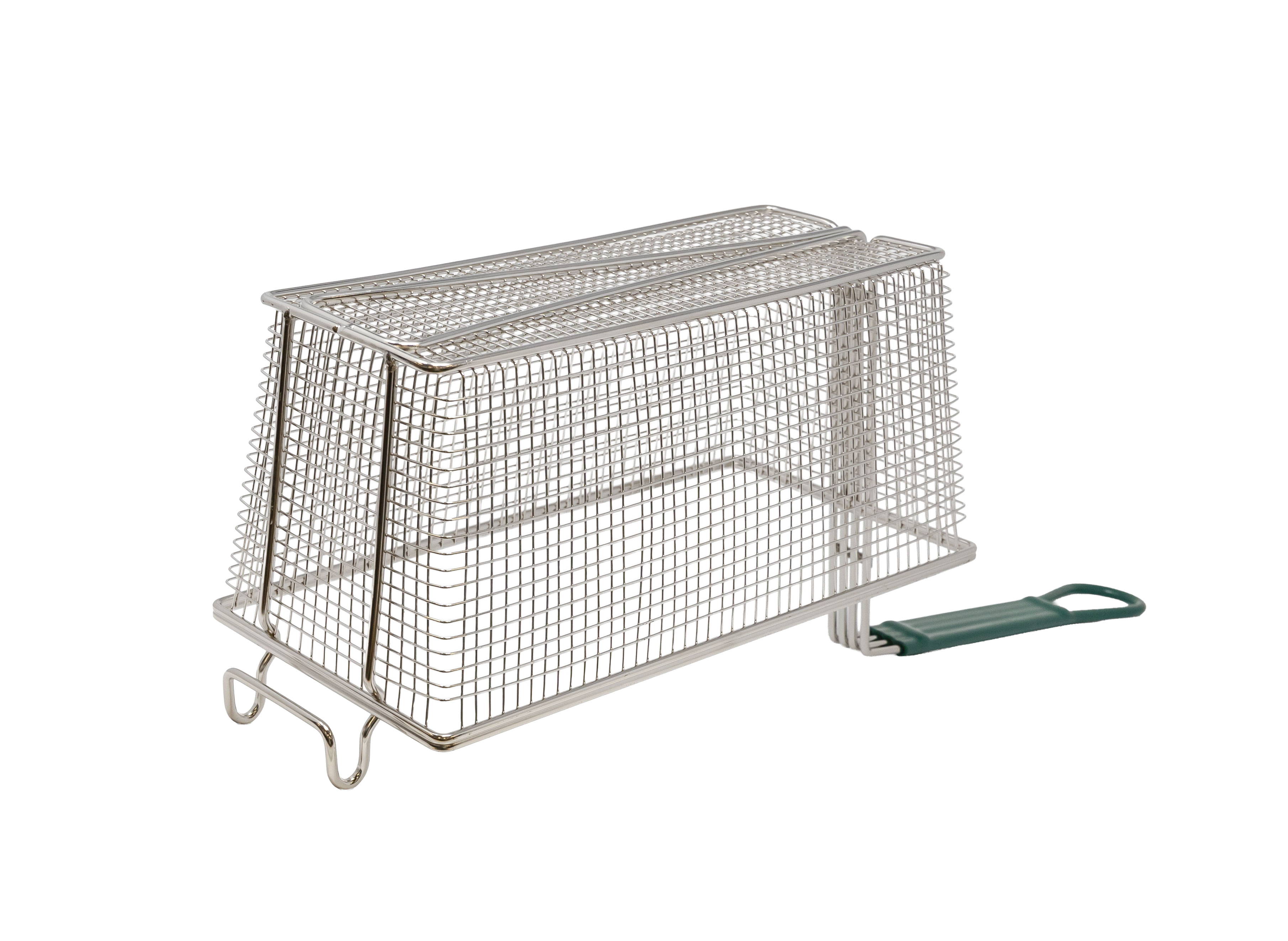 13 1/4" x 6 1/2" x 6" Nickel-Plated Iron Fryer Basket with Green Handle