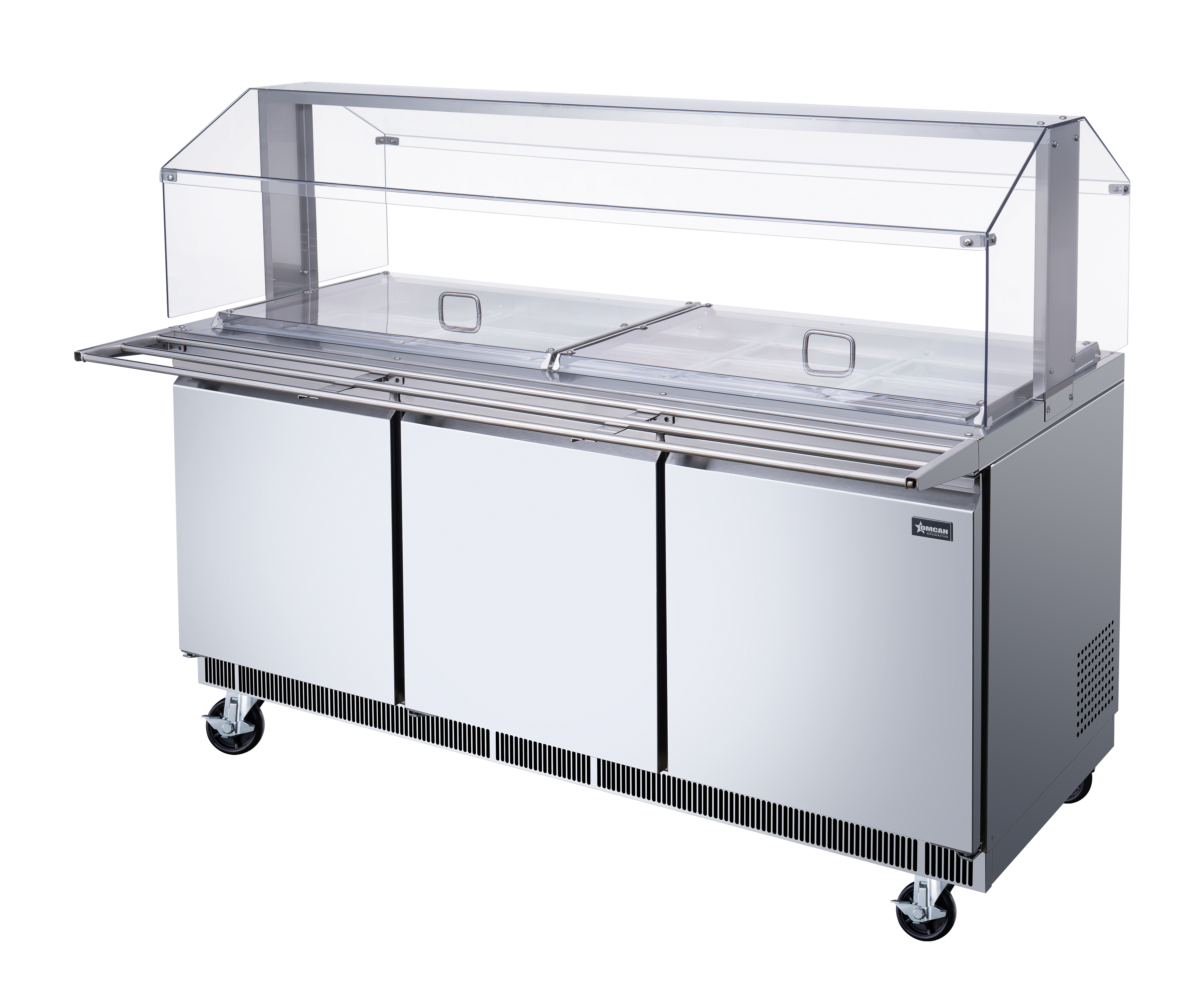 72″ Stainless Steel Refrigerated Salad Bar / Cold Food Table with Sneeze Guard, Tray Slide and Pan Covers