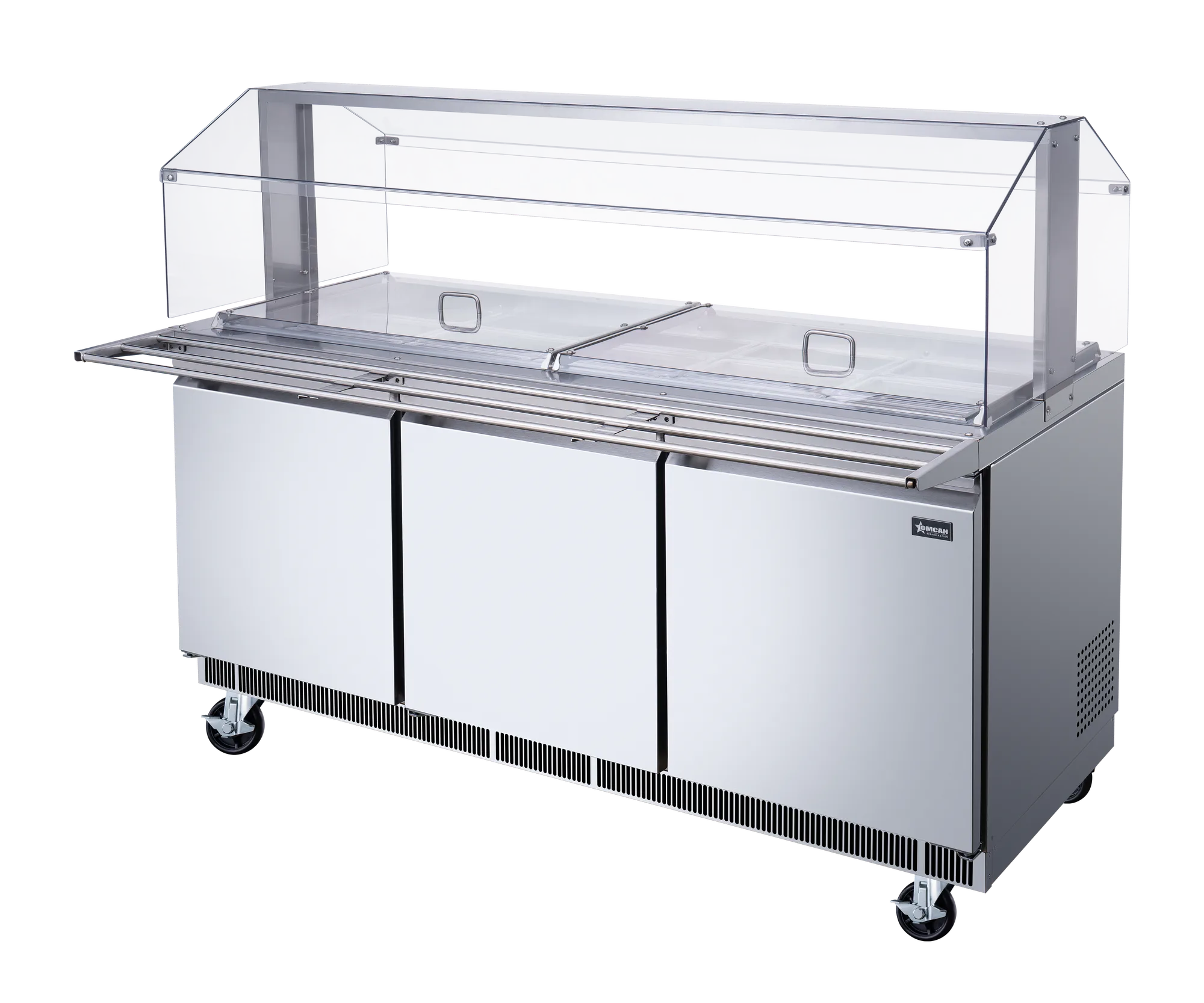 72″ Stainless Steel Refrigerated Salad Bar / Cold Food Table with Sneeze Guard, Tray Slide and Pan Covers