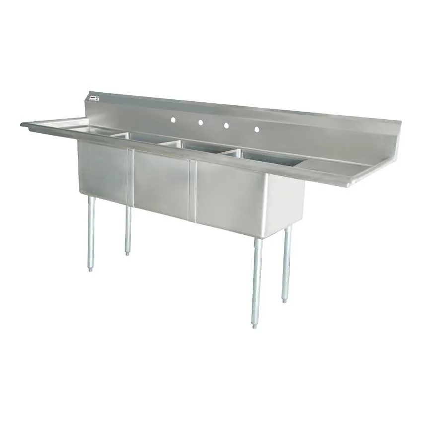 24″ x 24″ x 14″ 18-gauge stainless steel Three Tub Sink with 1.8″ Corner Drain and Two Drainboards