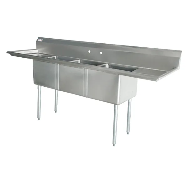 10″ x 14″ x 10″ 18-gauge stainless steel Three Tub Sink with 3.5″ Center Drain and Two Drainboards
