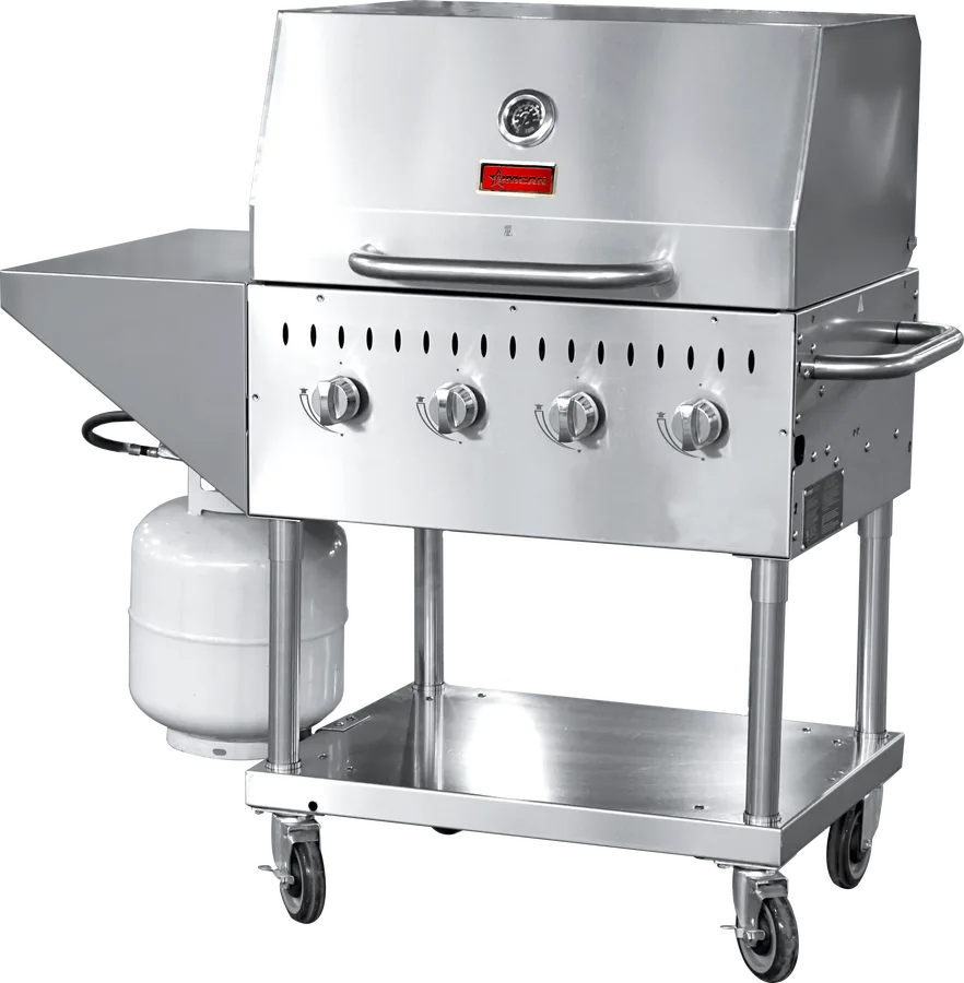 Stainless Steel Propane Outdoor BBQ Grill, 4 Burners, 64000BTU, Top And Side Shelf, 1 Roll Dome