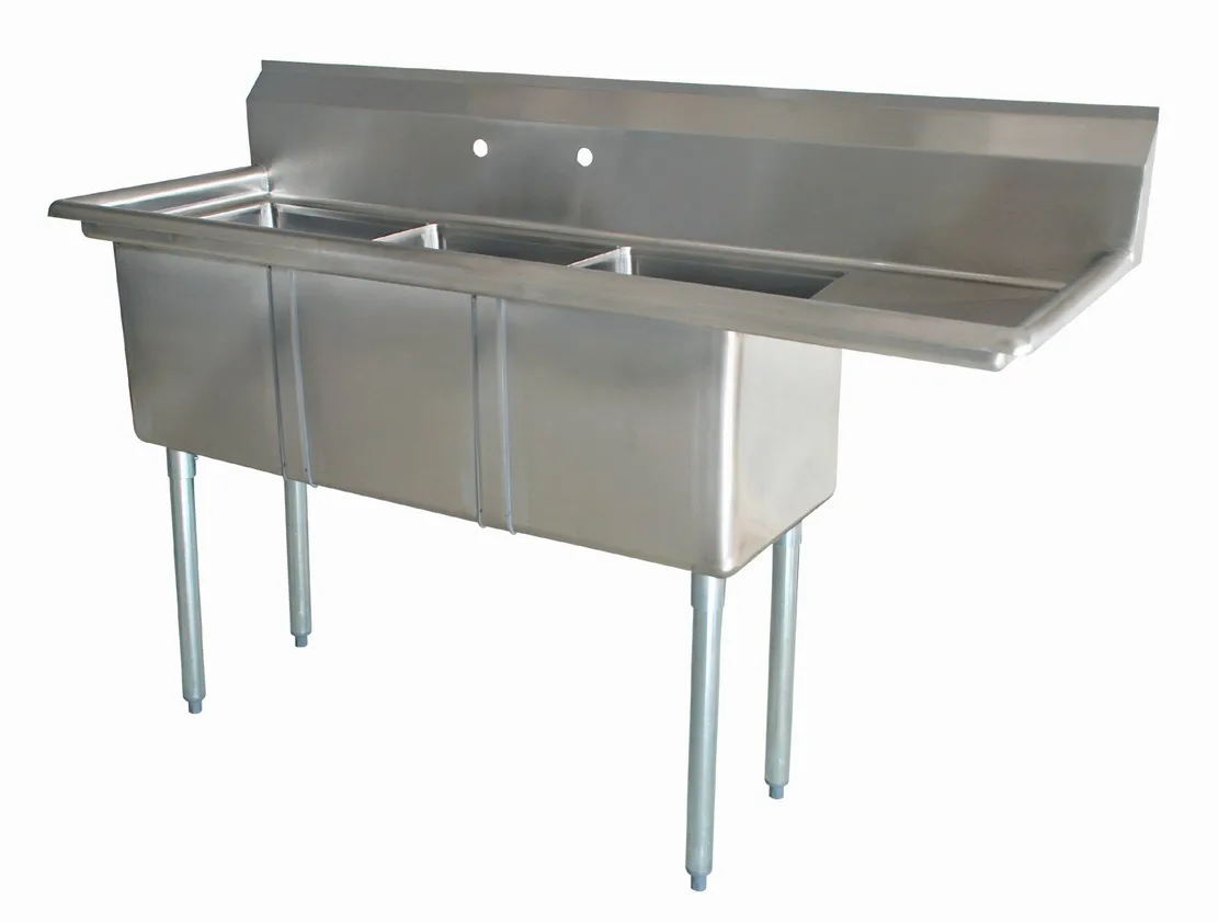 18″ x 21″ x 14″ 18-gauge stainless steel Three Tub Sink with 1.8″ Corner Drain and Right Drainboard