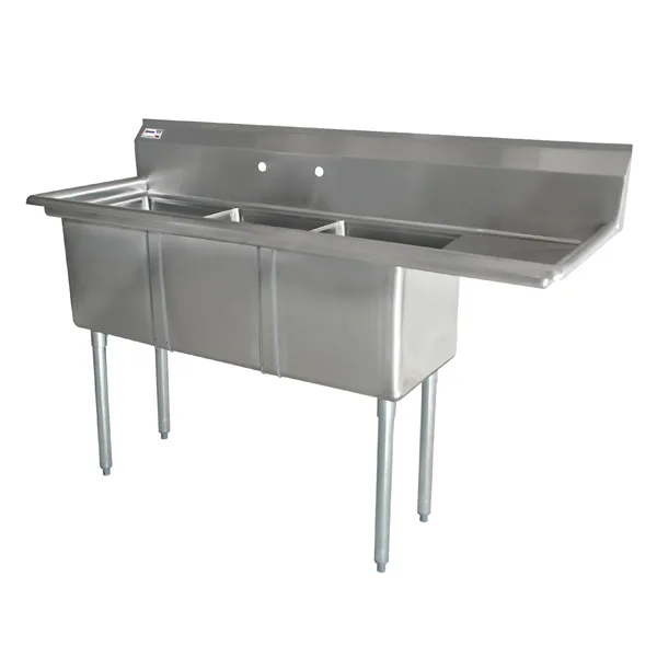 10″ x 14″ x 10″ 18-gauge stainless steel Three Tub Sink with 3.5″ Center Drain and Right Drainboard