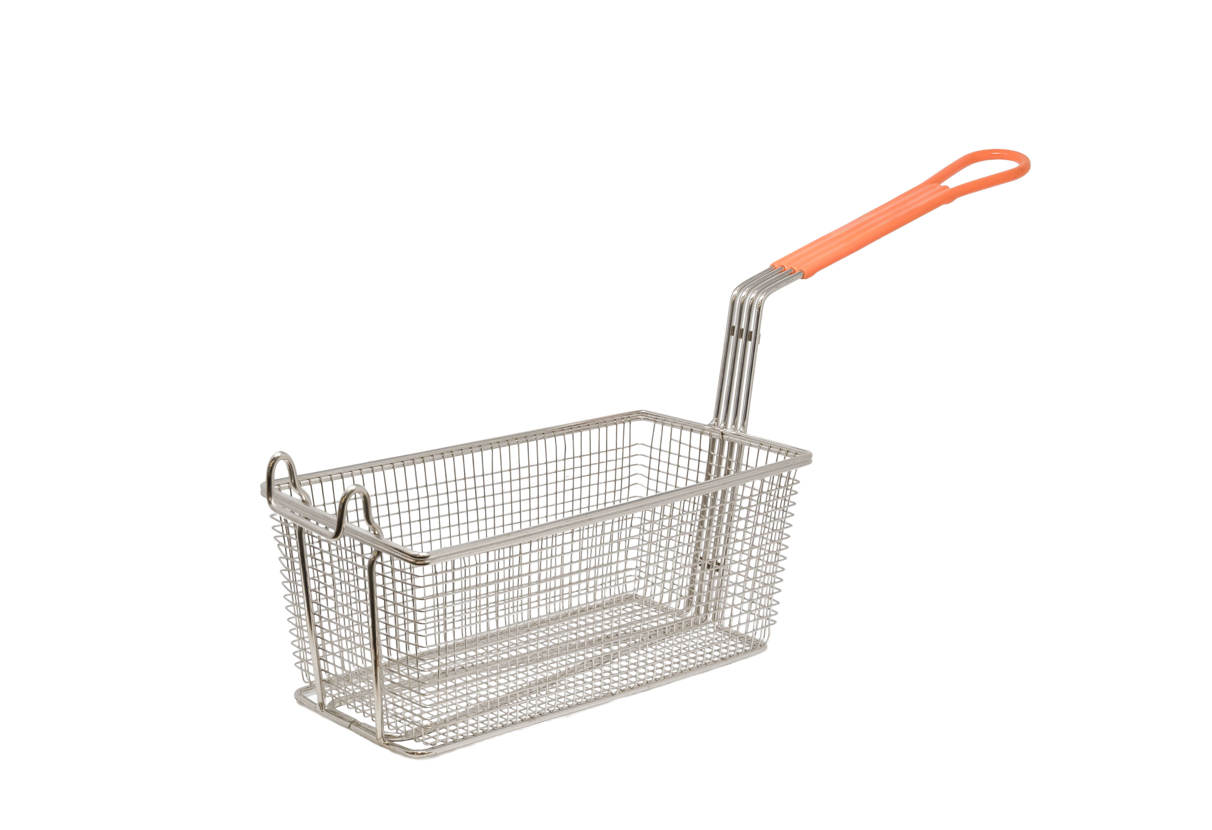 12 1/4" x 6 1/2" x 5" Nickel-Plated Iron Fryer Basket with Orange Handle