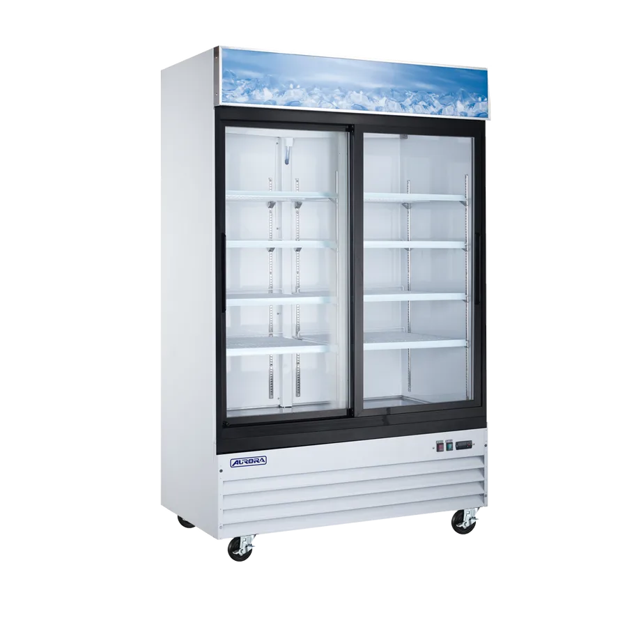 Aurora 54″ Two (2) Sliding Glass Door Display Refrigerator with Lightbox, 45 cu.ft. (1274 L), White