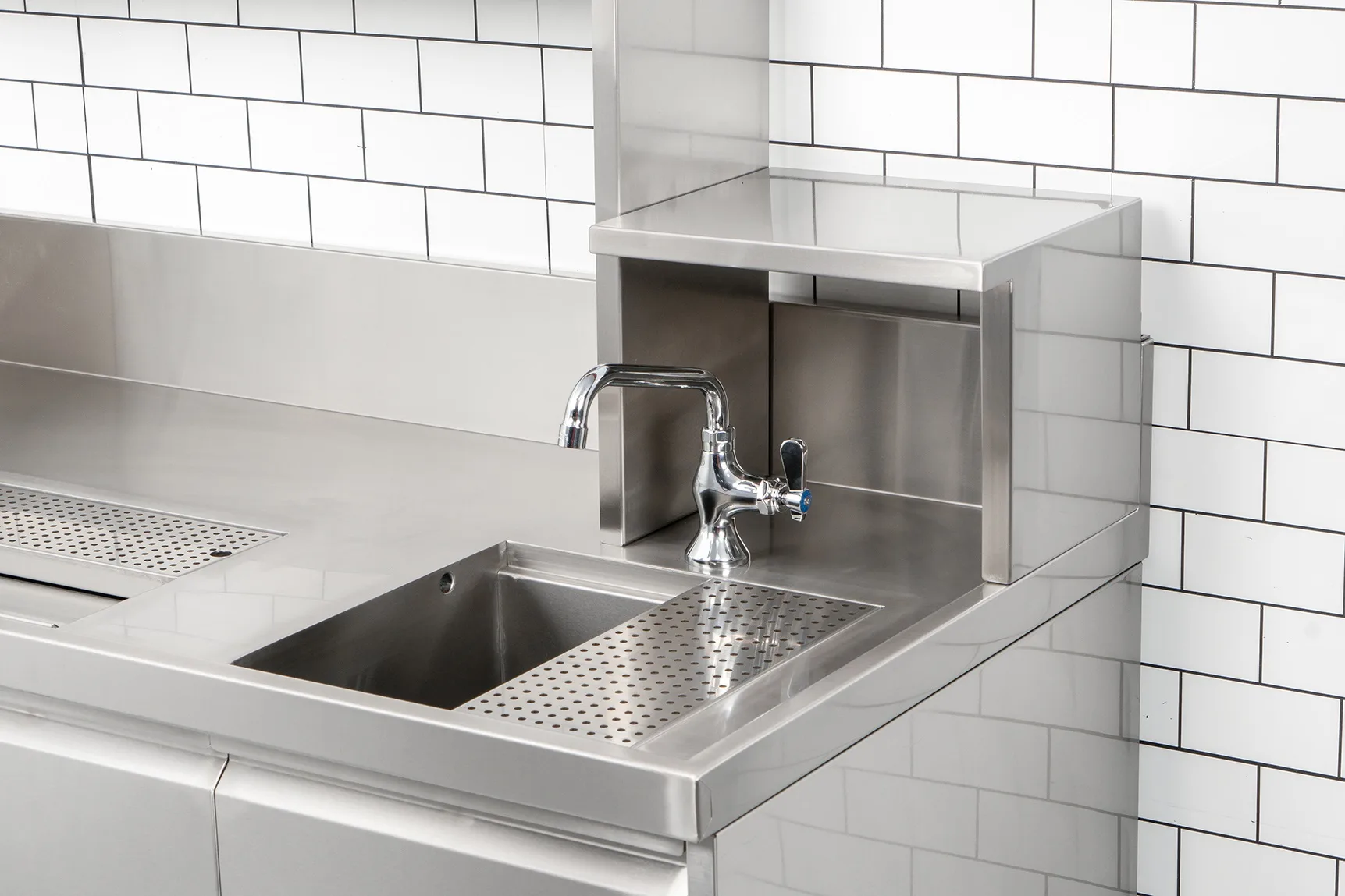 72” x 30” x 34” Bubble Tea Station with 6” Backsplash, Two 15” x 15” x 10” Sinks, Drainage Panels & Overshelves