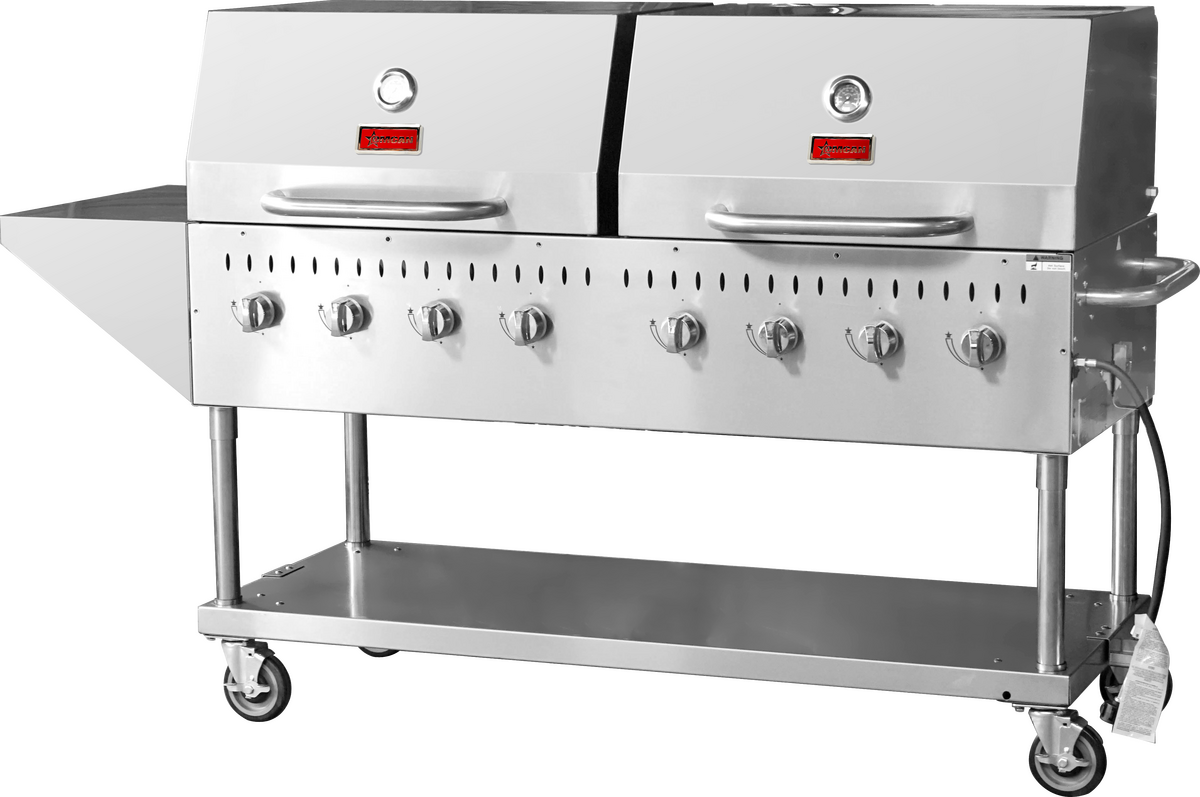 Stainless Steel Propane Outdoor BBQ Grill, 8 Burners, 128000BTU, Top And Side Shelf, 2 Roll Domes
