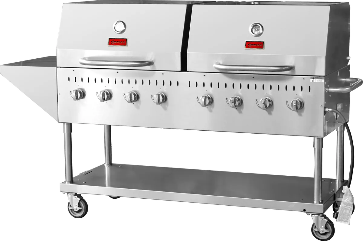 Stainless Steel Propane Outdoor BBQ Grill, 8 Burners, 128000BTU, Top And Side Shelf, 2 Roll Domes