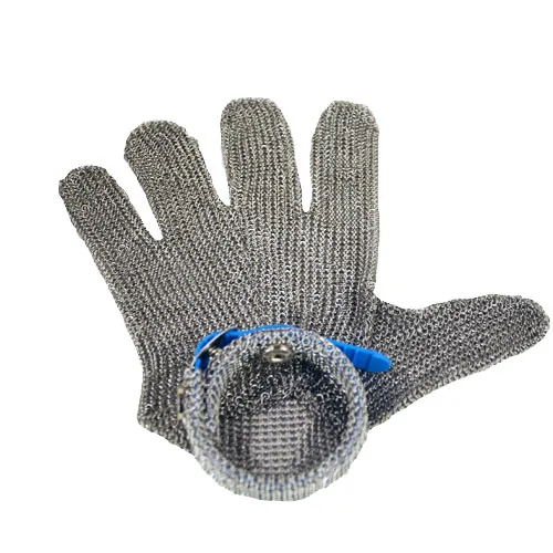 Five Finger Stainless Steel Mesh Glove with Blue Silicone Strap – Large