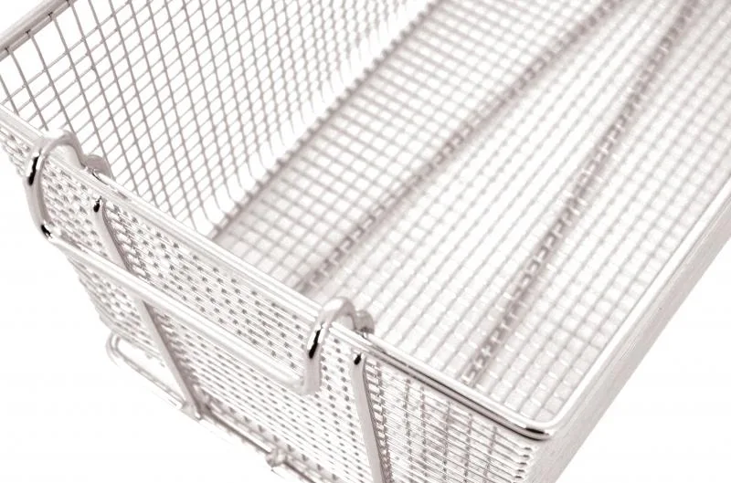 13 1/4" x 6 1/2" x 6" Nickel-Plated Iron Fryer Basket with Green Handle