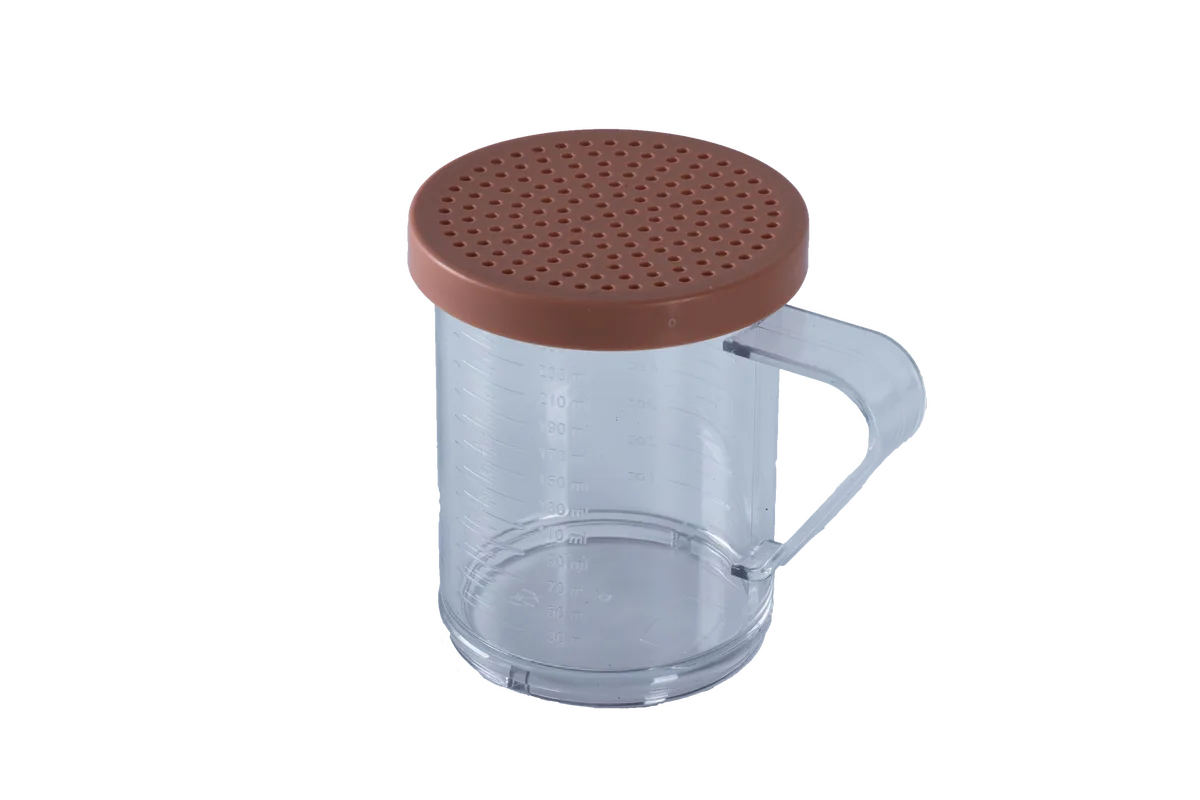 10 oz Polycarbonate Dredge with Rose Lid & 2 mm Hole for Medium Ground Products NSF