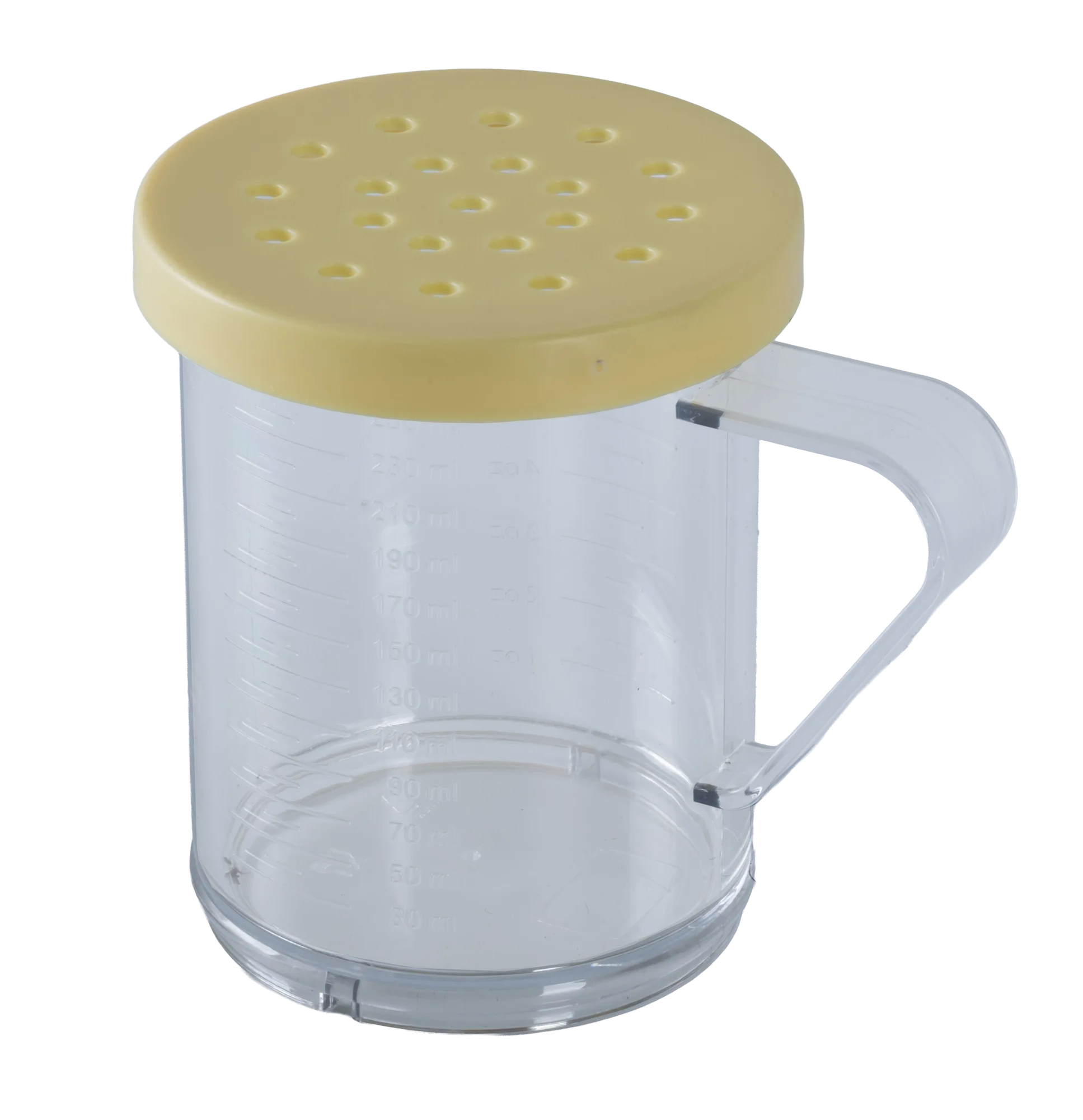 10 oz Polycarbonate Dredge with Yellow Lid & 4 mm Hole for Coarsely Ground Products NSF