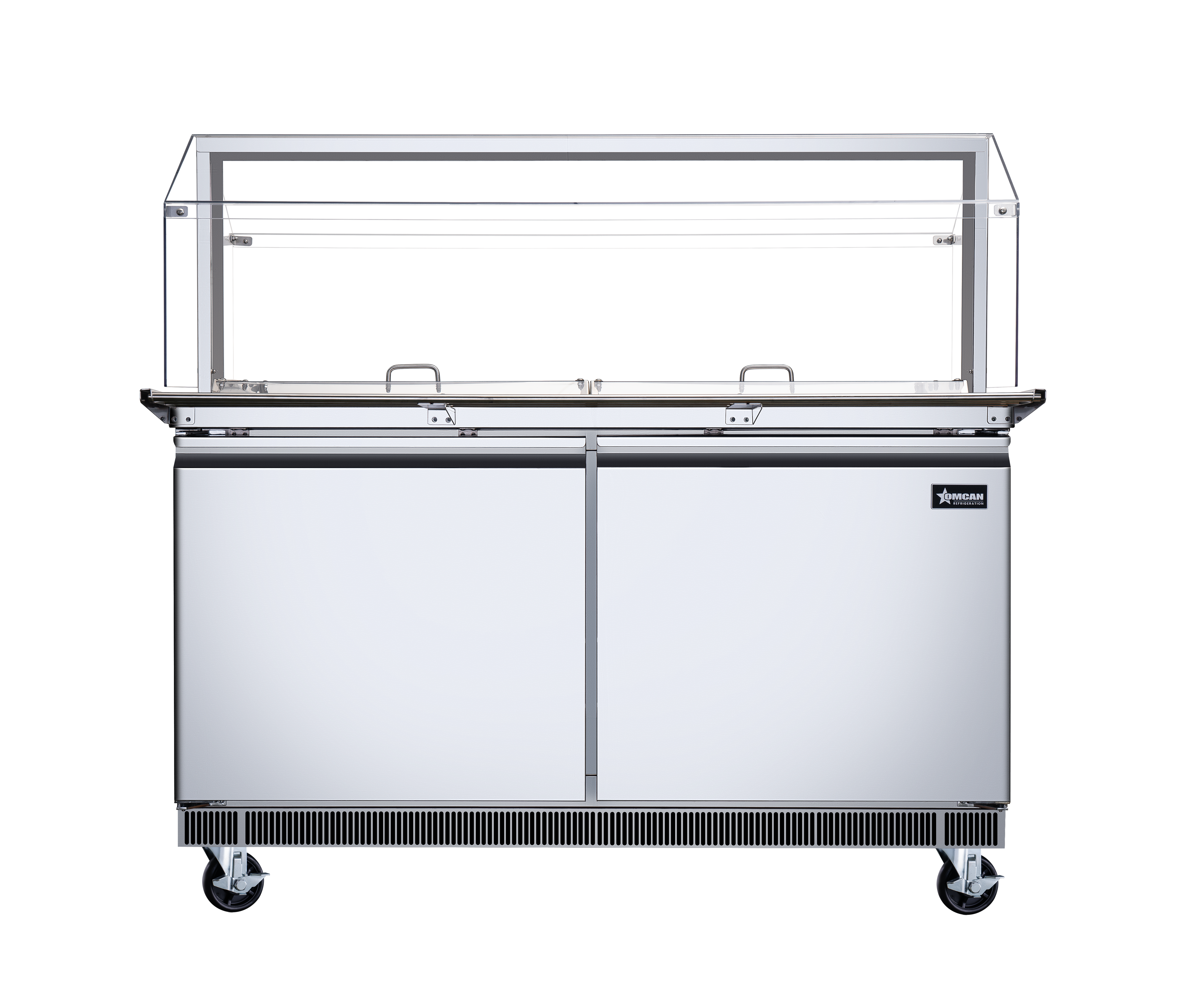 60″ Stainless Steel Refrigerated Salad Bar / Cold Food Table with Sneeze Guard, Tray Slide and Pan Covers