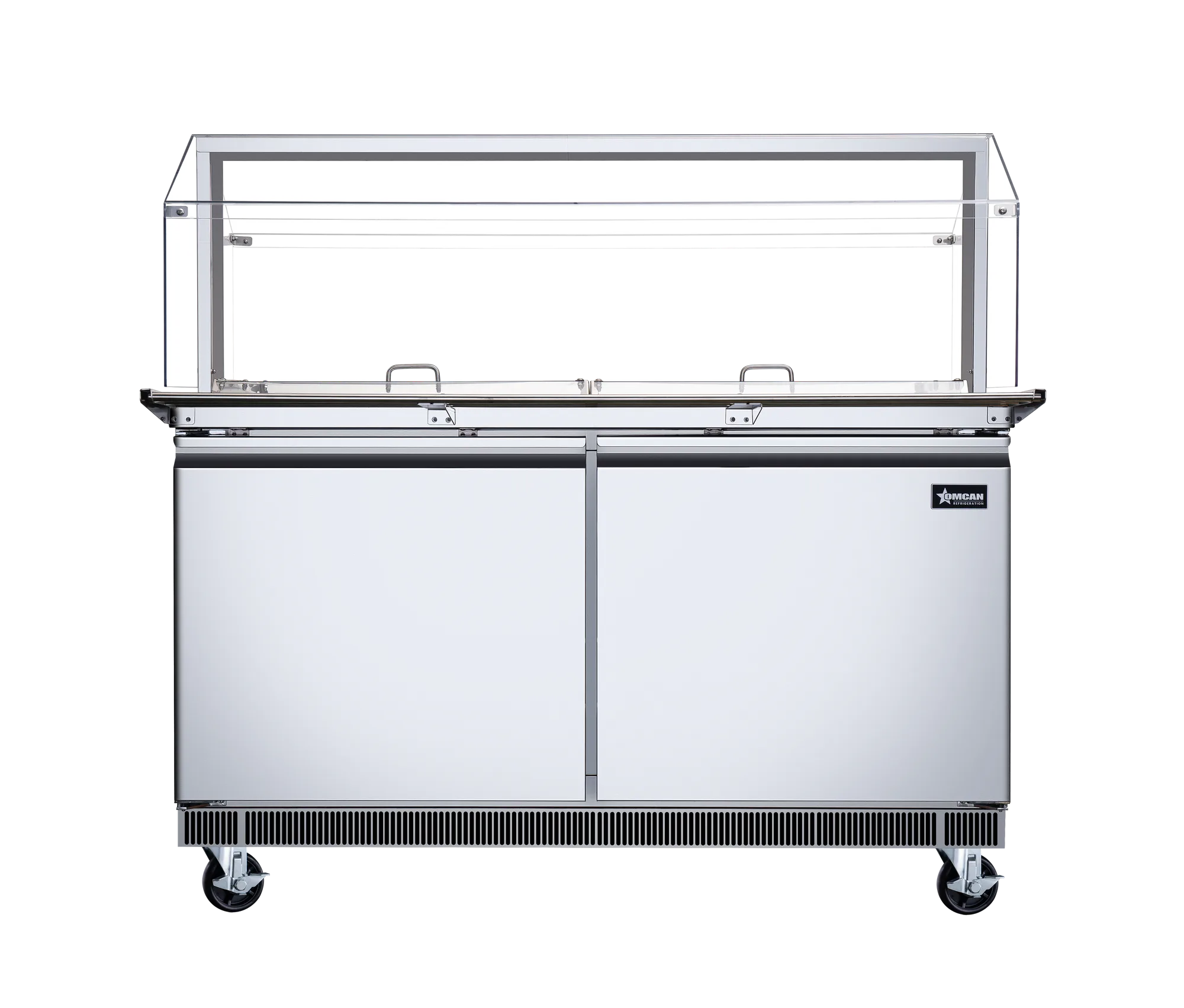 60″ Stainless Steel Refrigerated Salad Bar / Cold Food Table with Sneeze Guard, Tray Slide and Pan Covers