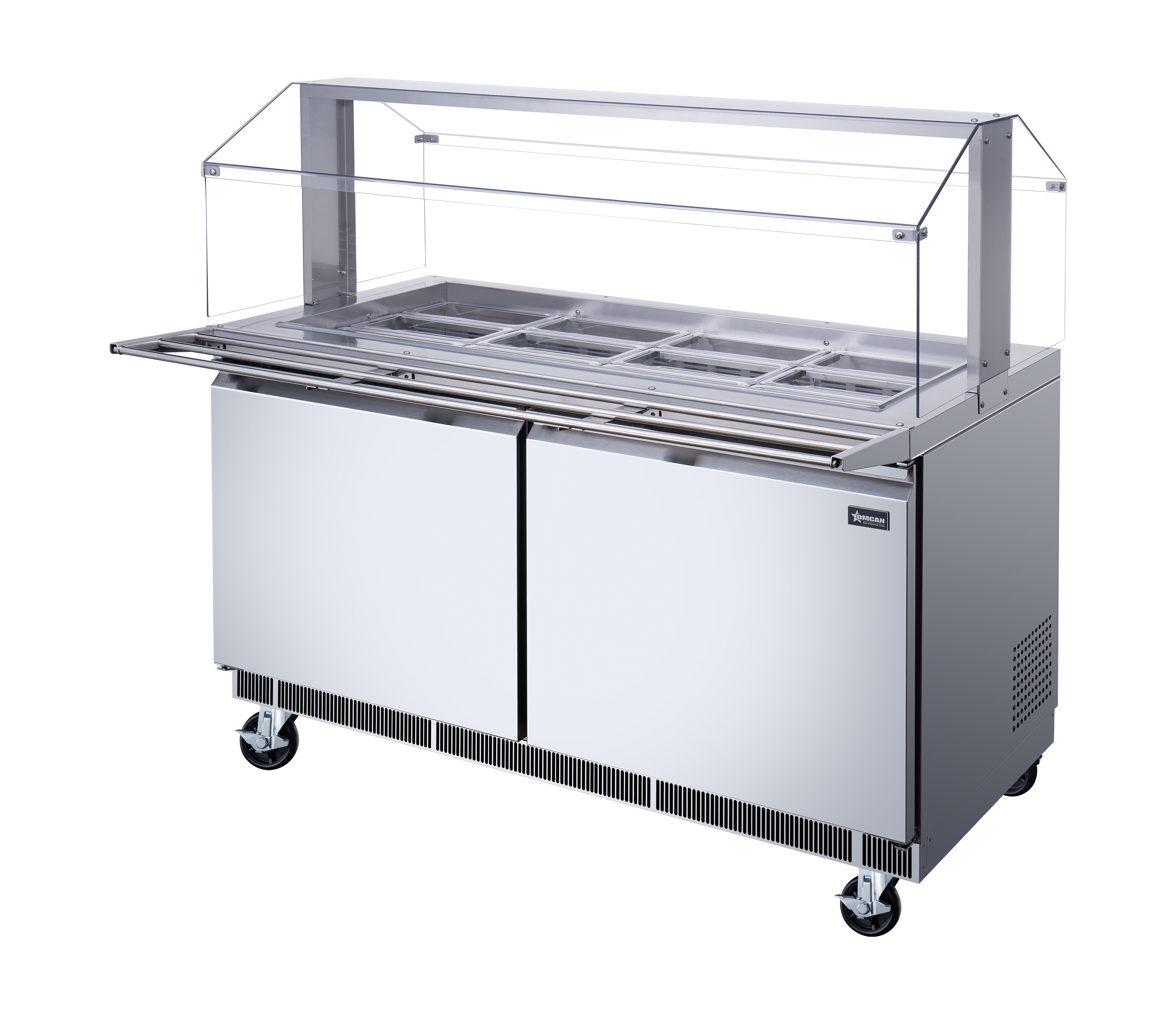 60″ Stainless Steel Refrigerated Salad Bar / Cold Food Table with Sneeze Guard, Tray Slide and Pan Covers